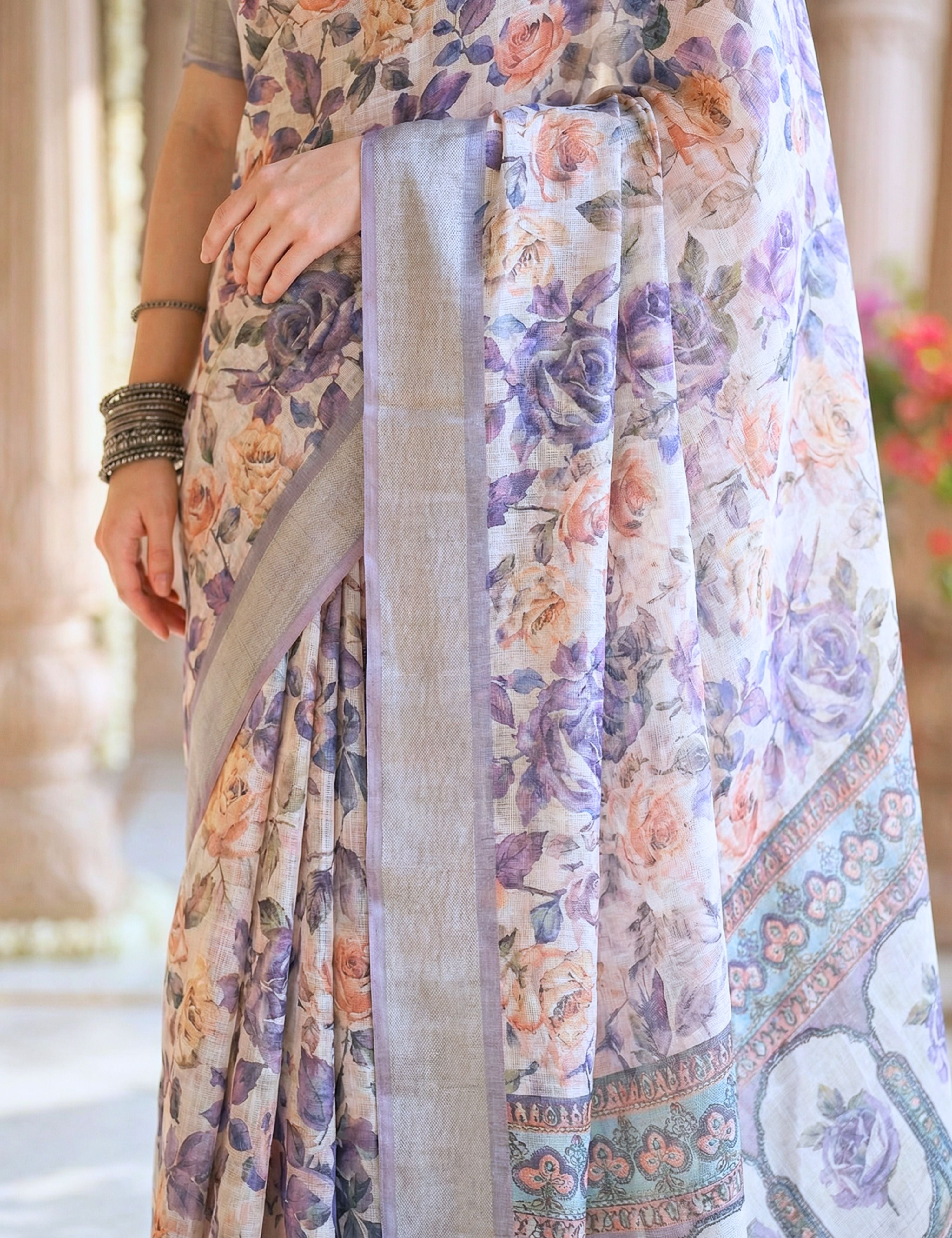 Floral Linen Blend Saree