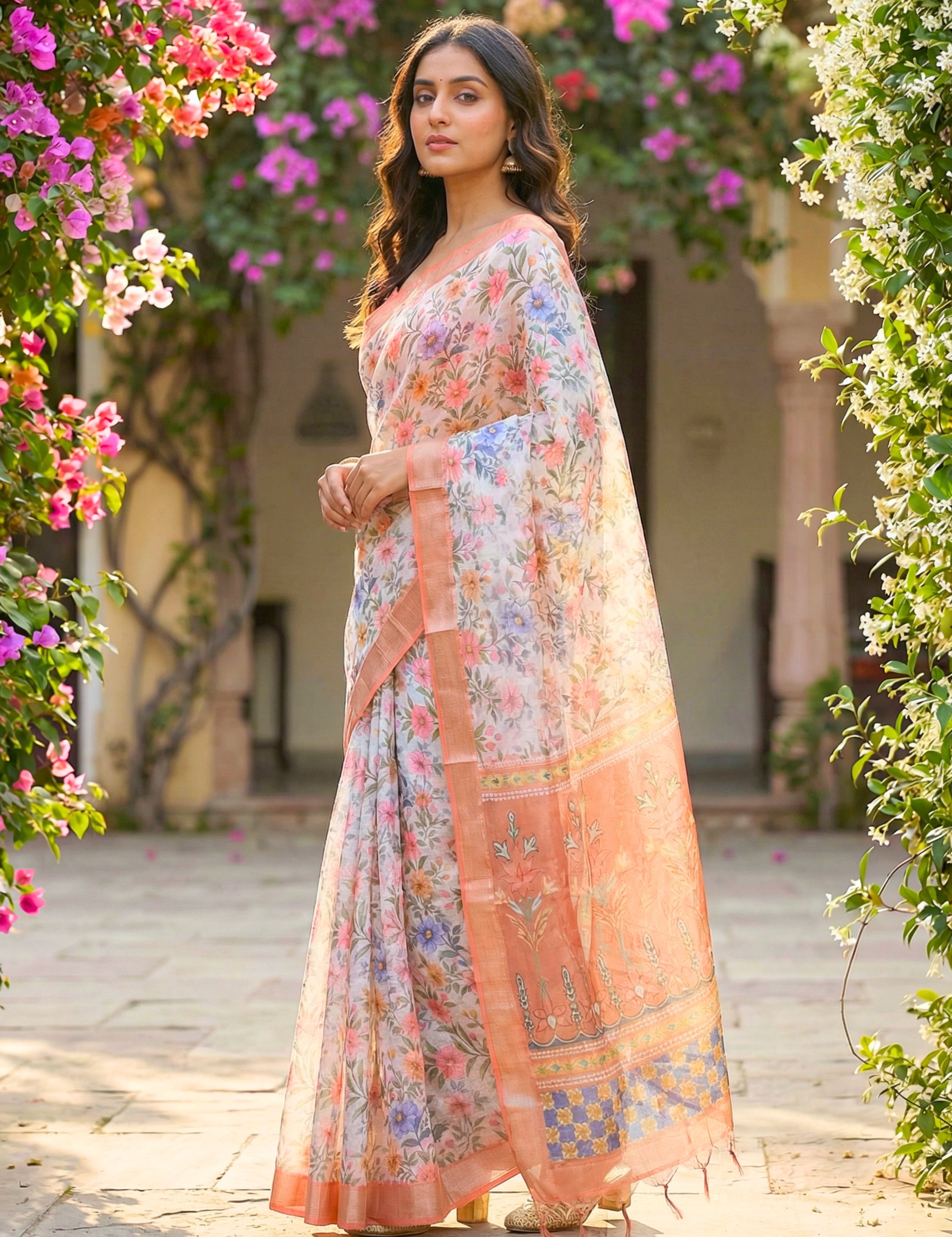 Floral Linen Blend Saree