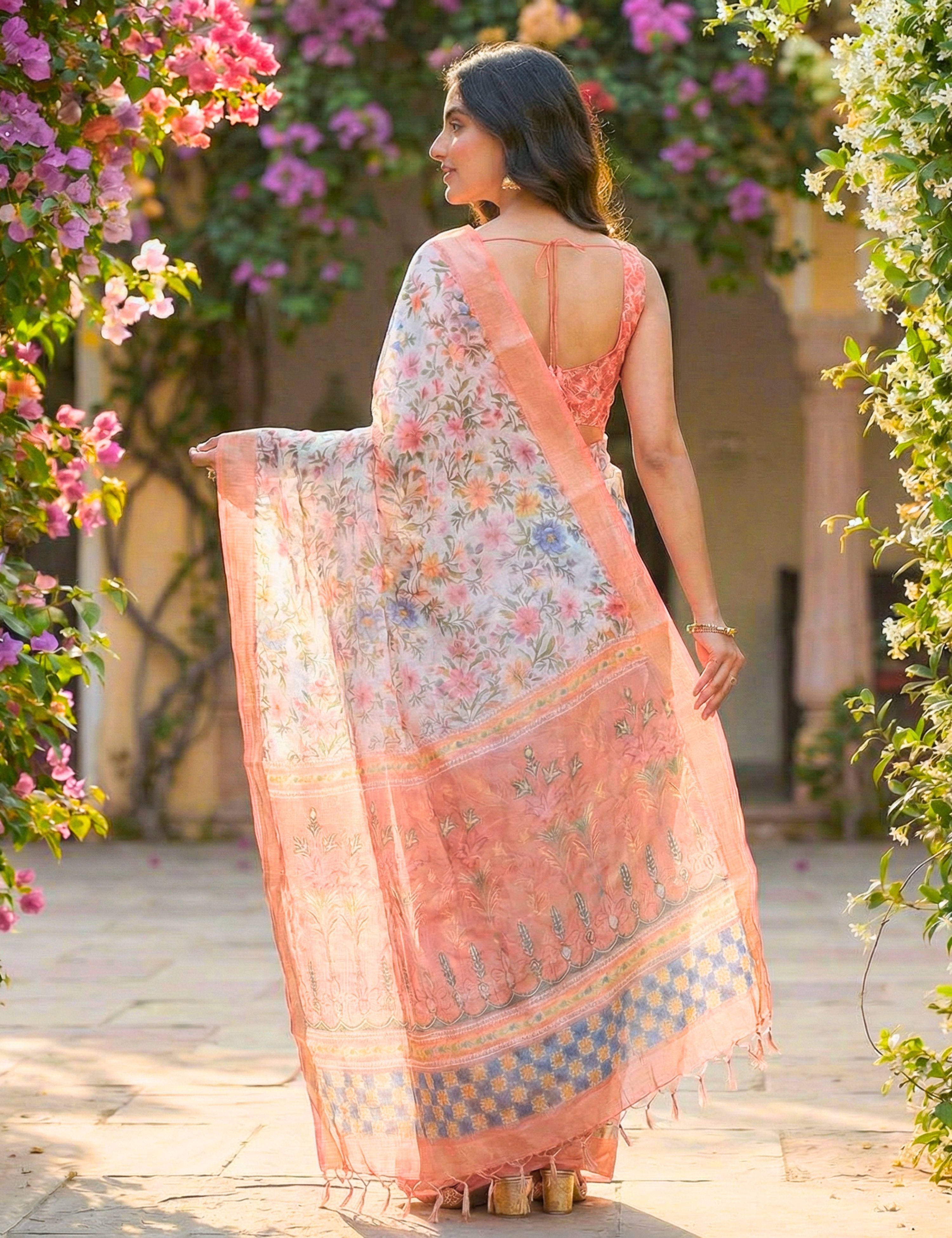 Floral Linen Blend Saree