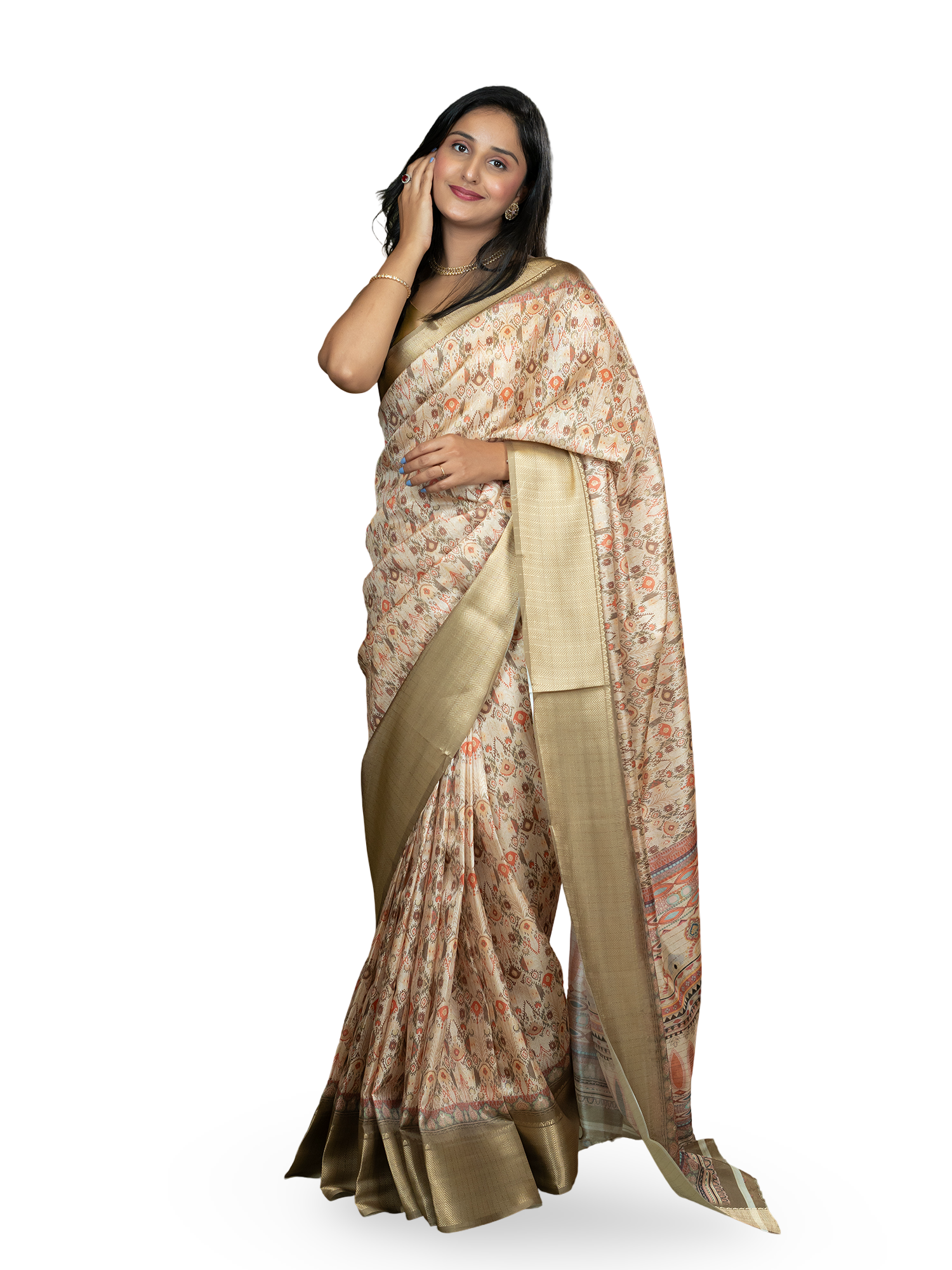 Beige Ajrakh Digital Print Saree