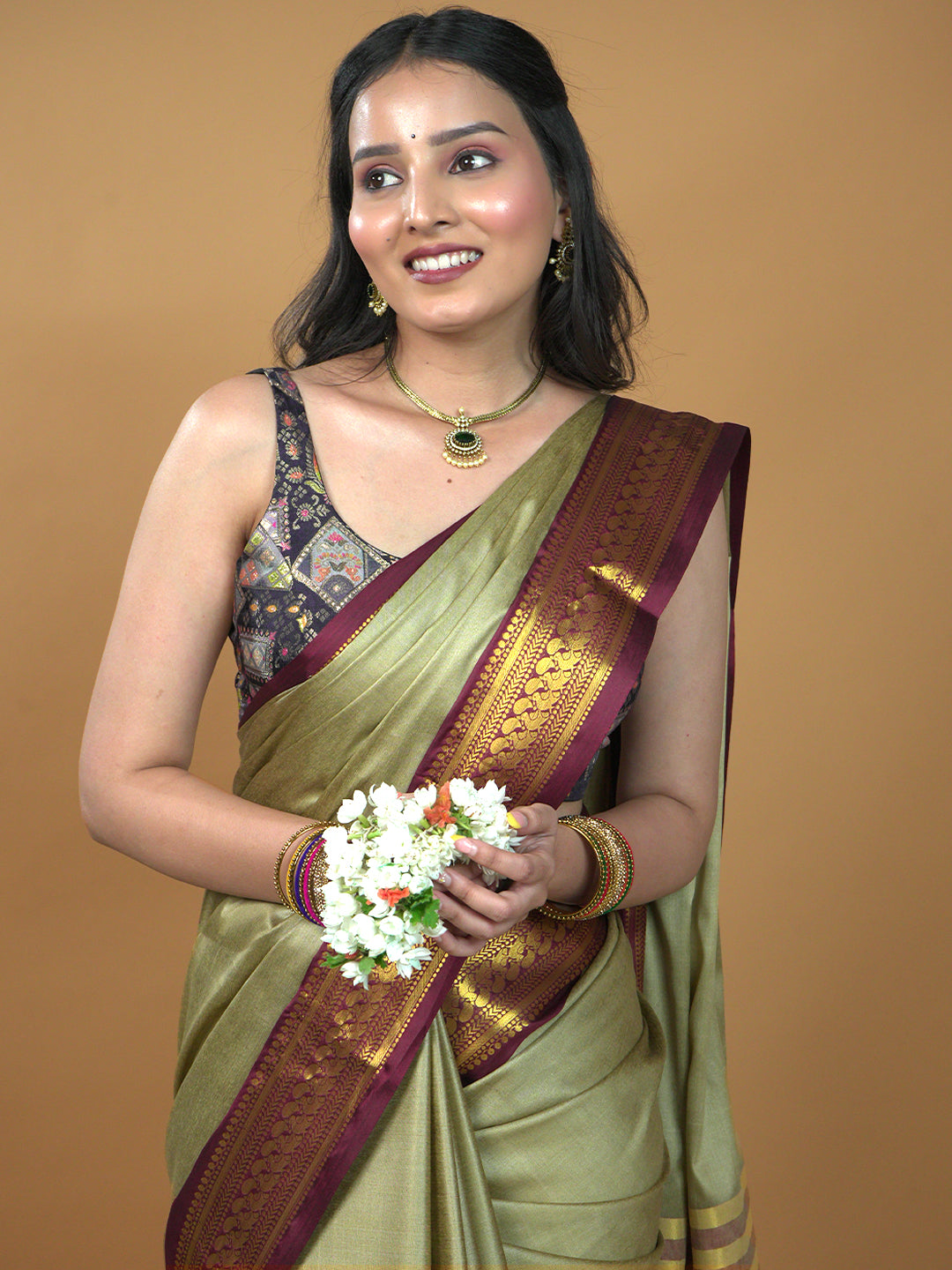 Beige Solid Saree