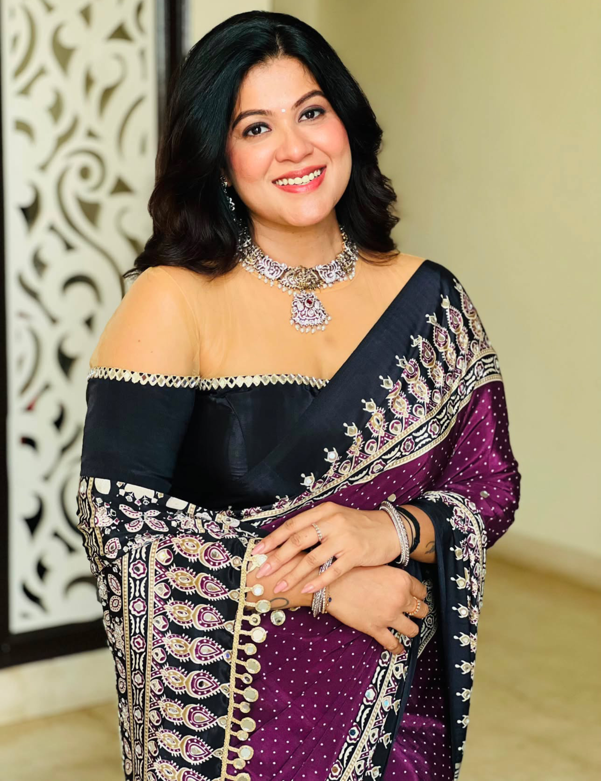 Ajrakh Crepe Silk Mirror Work Saree
