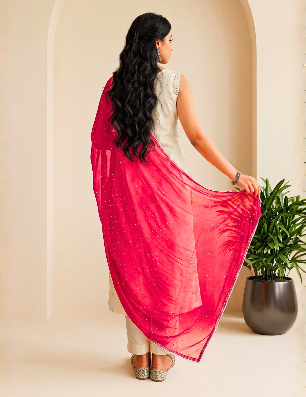 Fuchsia Chiffon Dupatta with Ditsy Swarovski work