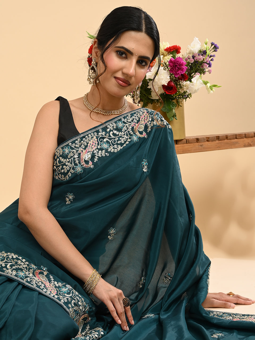 Embroidered Zardozi Crepe Silk Saree