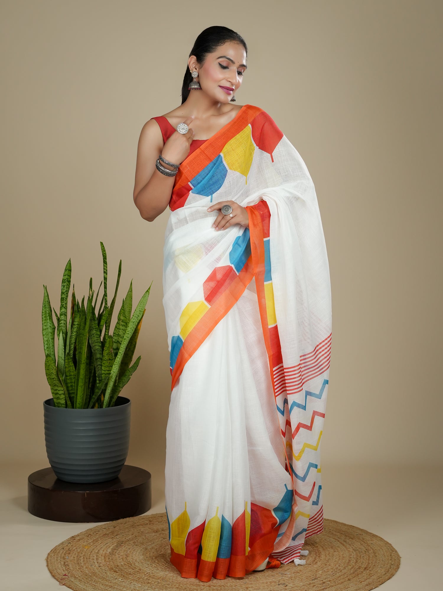 Cotton Linen Block Print Saree
