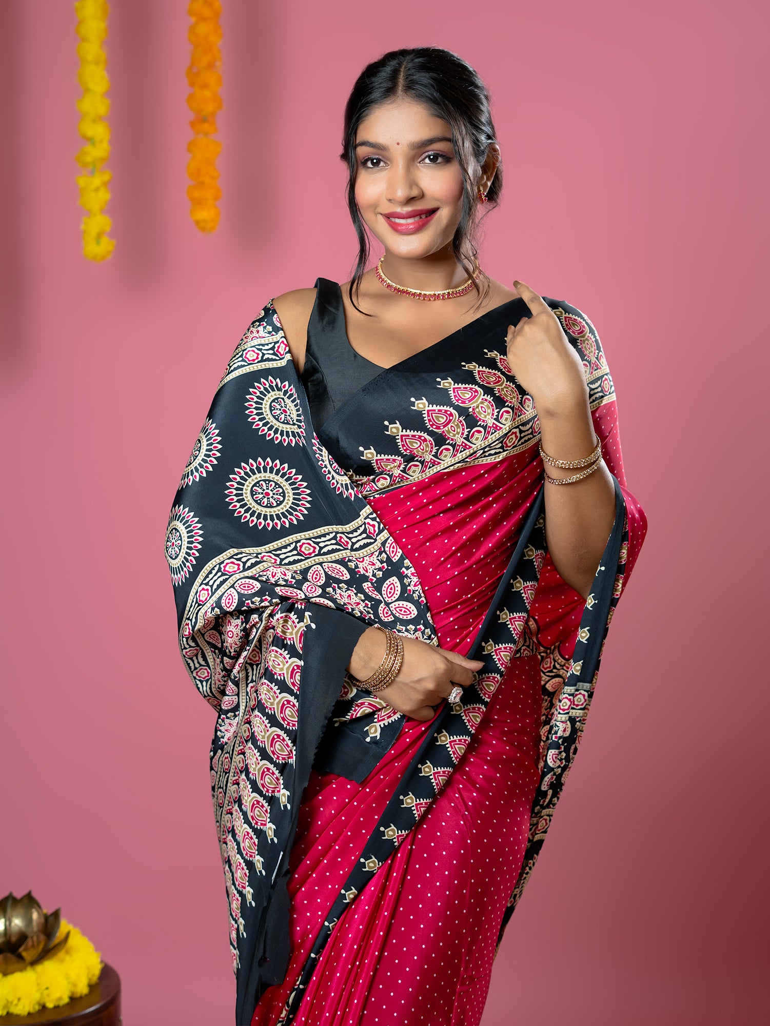 Fuchsia Ajrakh Digital Print Saree