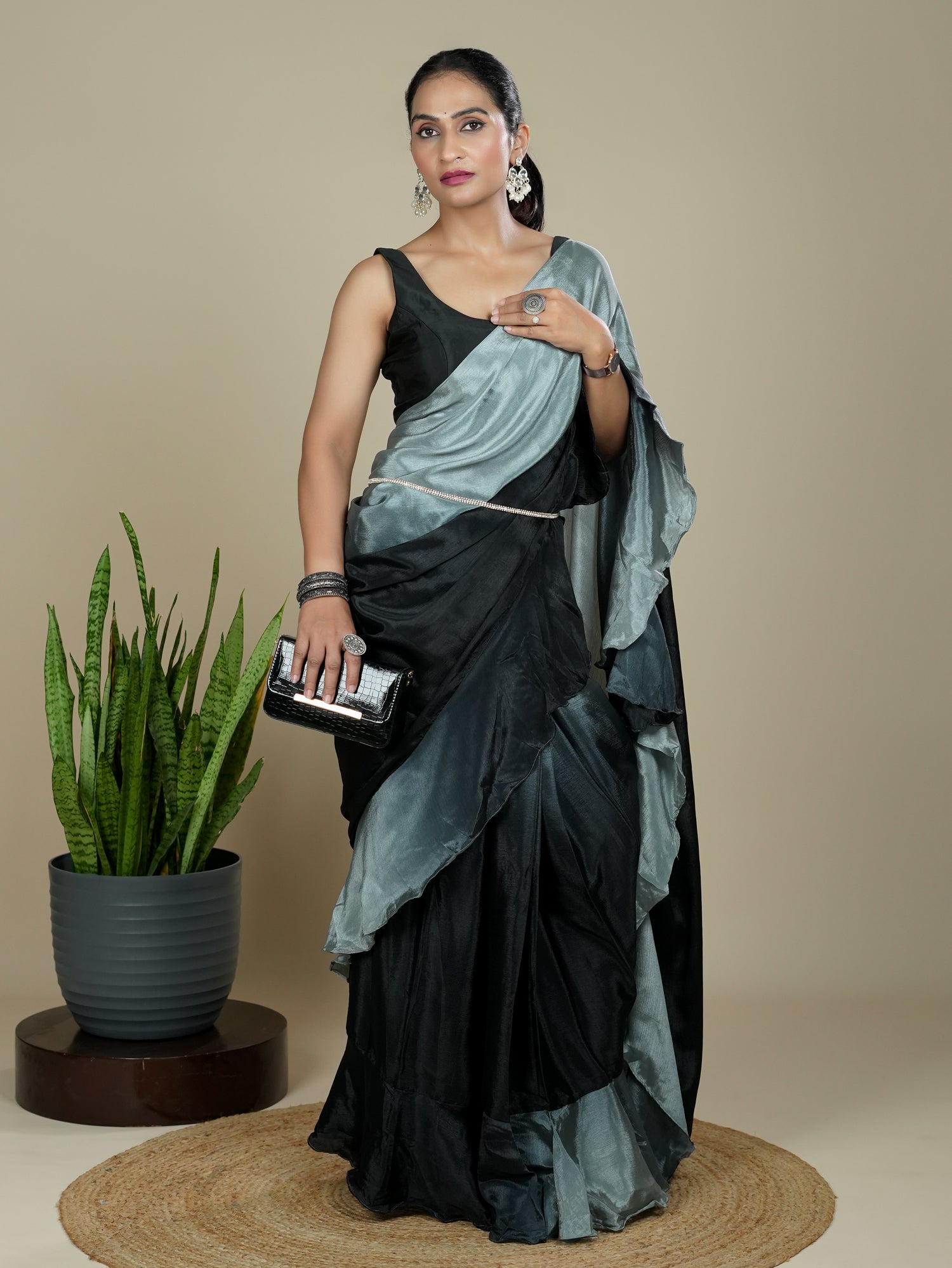 Grey Ready to Wear Party Saree