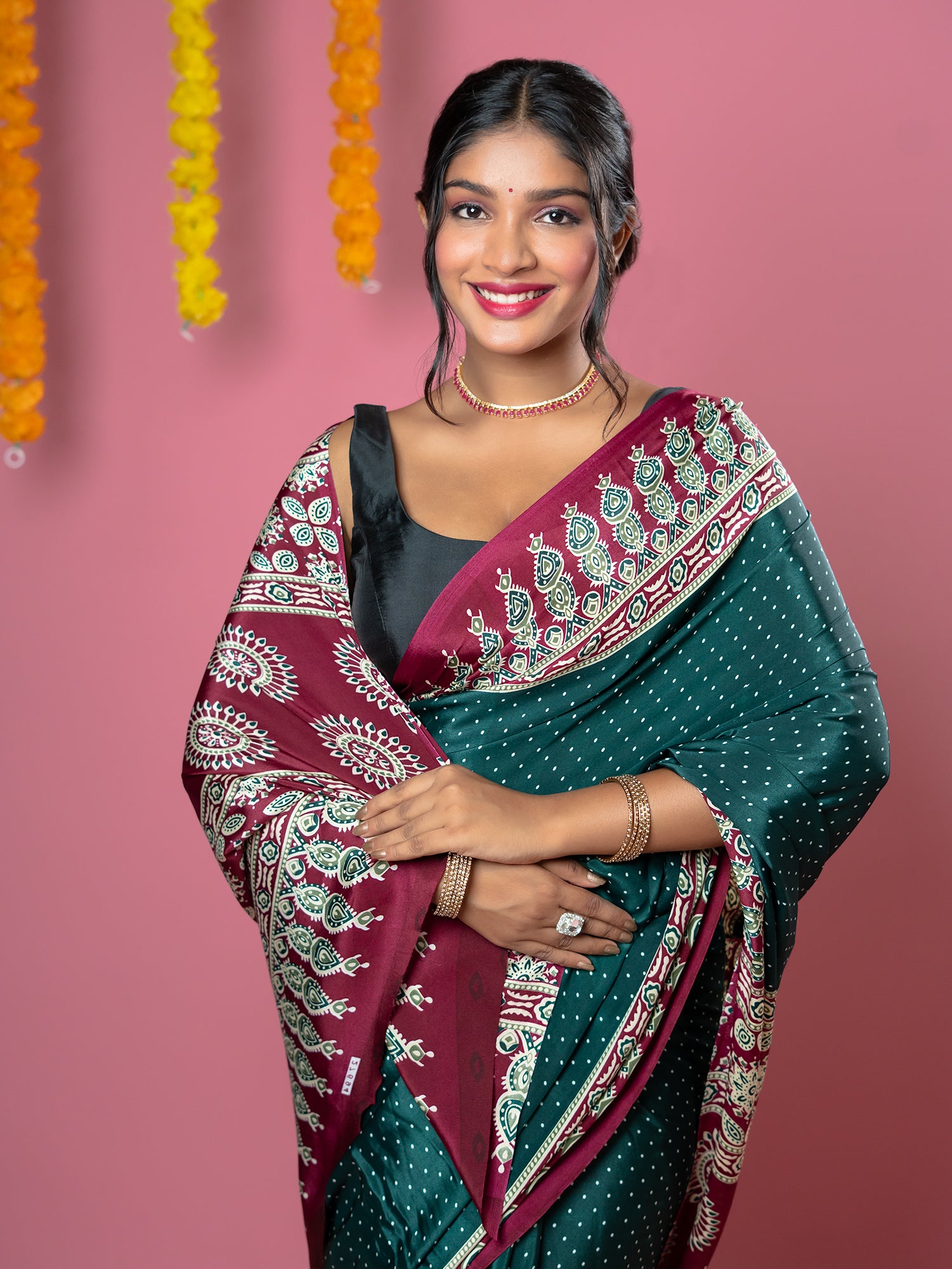 Dark Green Ajrakh Digital Print Saree