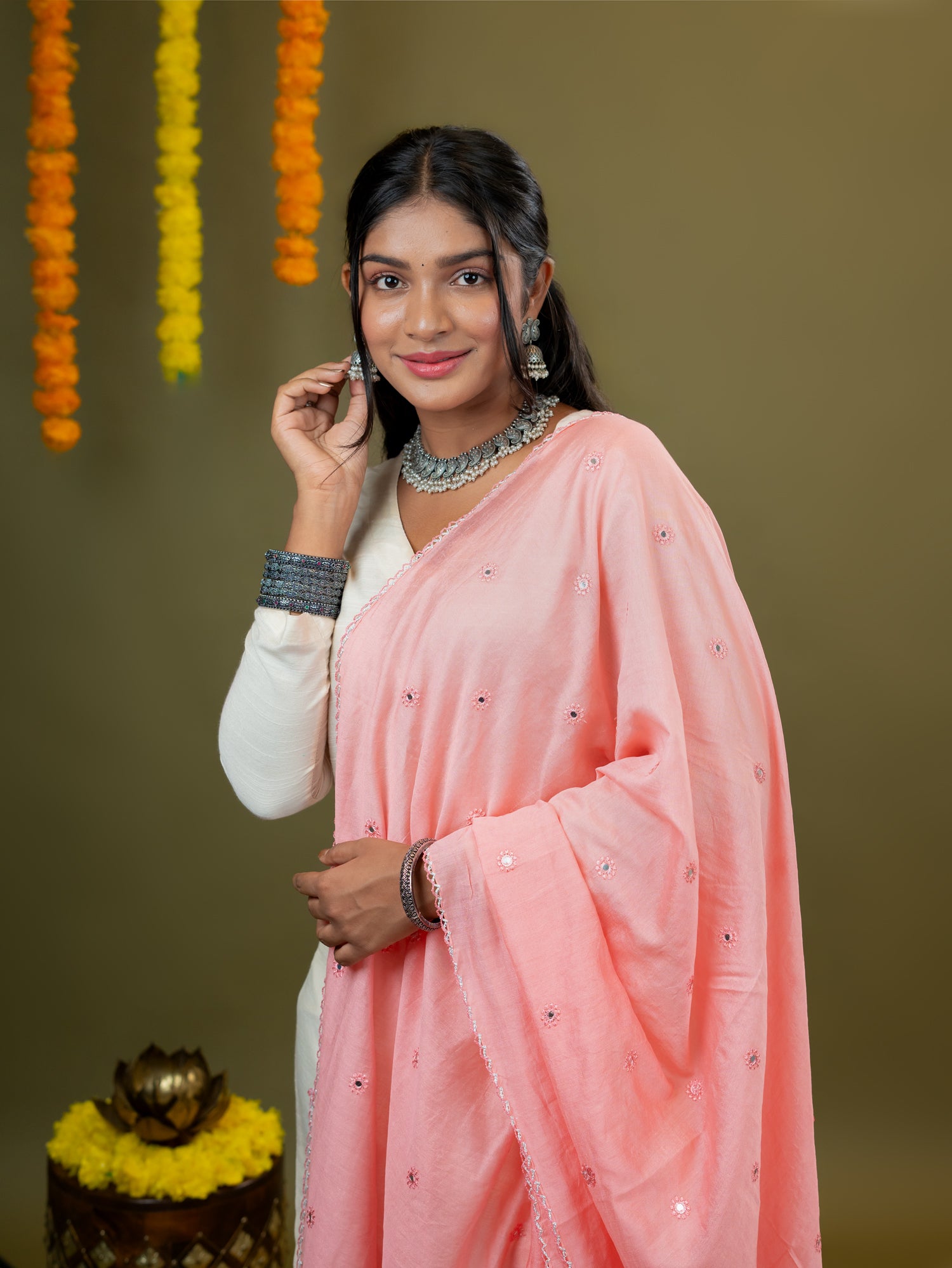 Baby Pink Mirror Work Dupatta