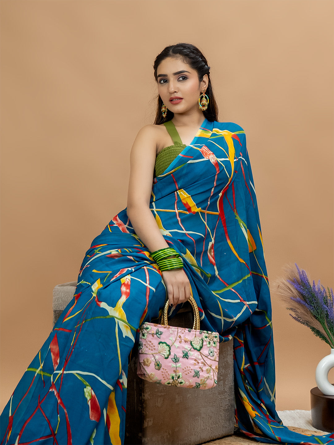 Teal Powder Crepe Saree