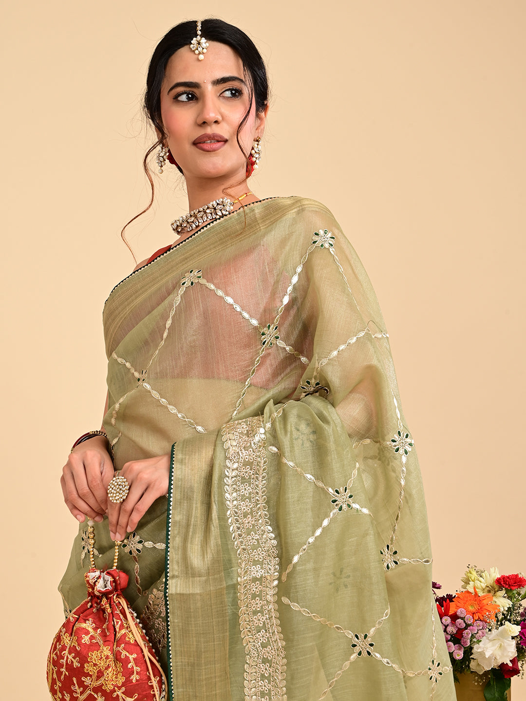 Embroidered Gota Patti Chanderi Saree
