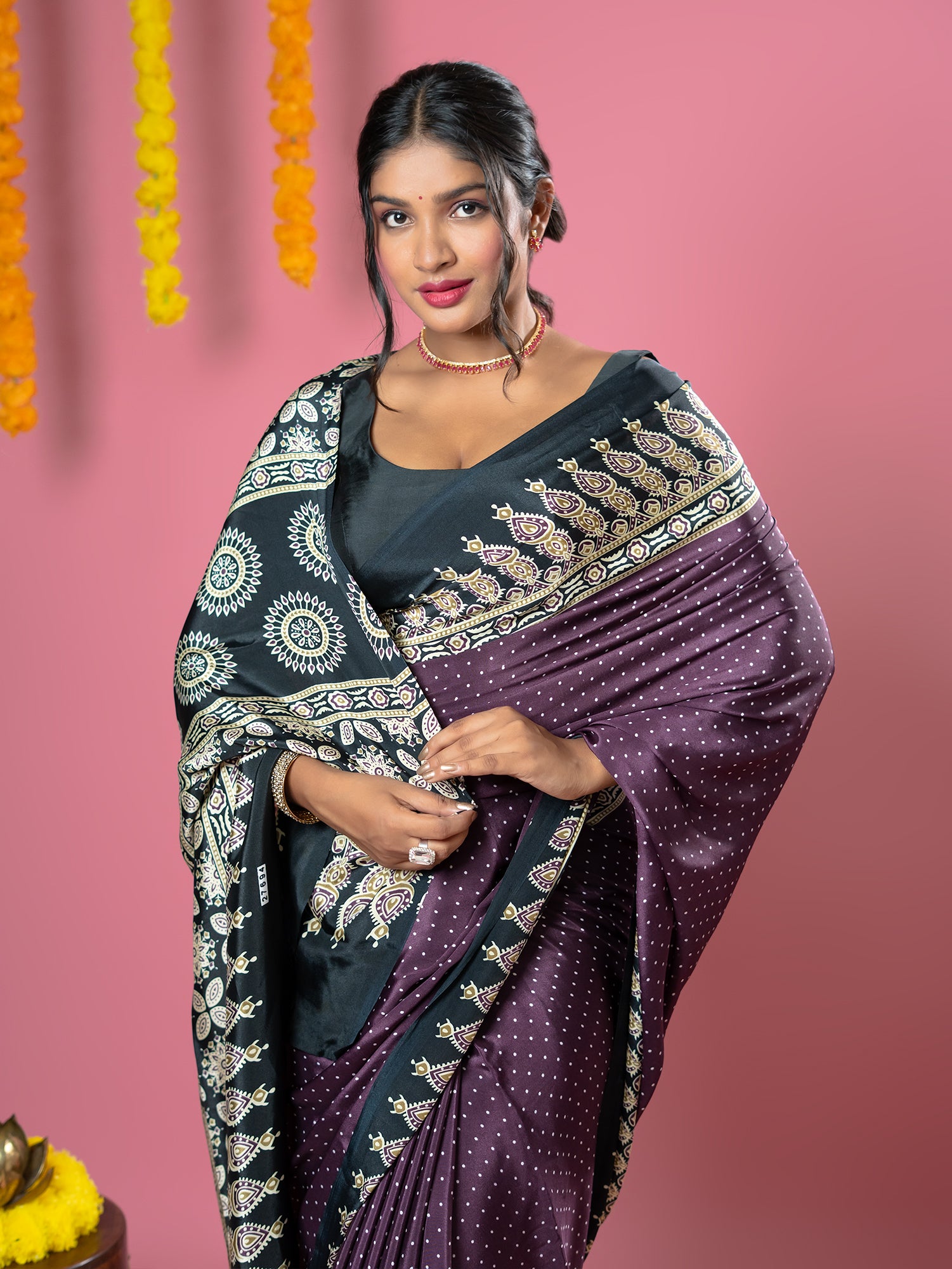 Wine Ajrakh Digital Print Saree
