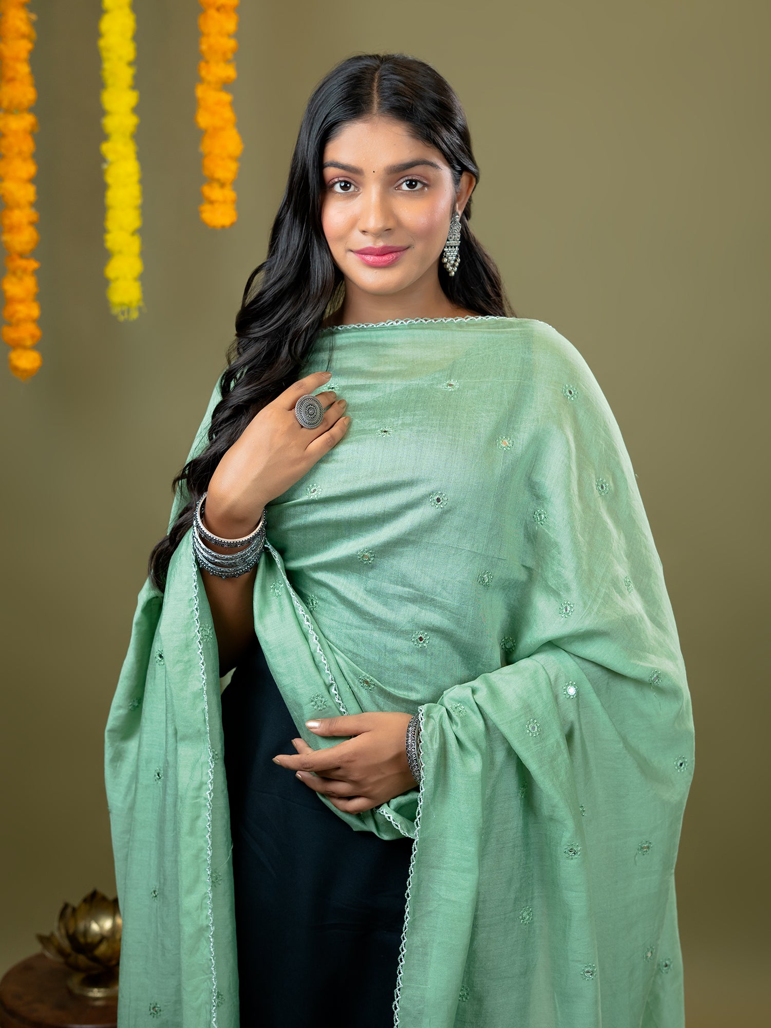 Sage Mirror Work Dupatta