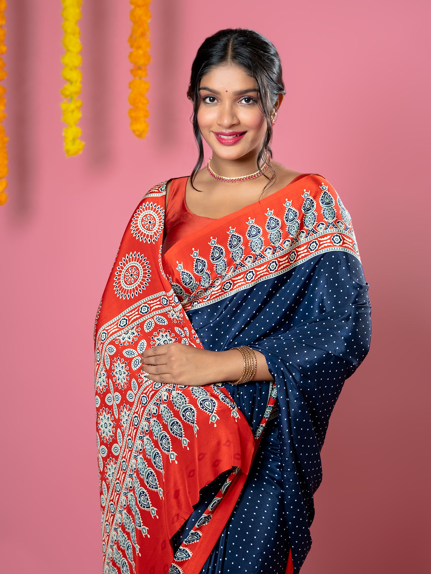 Navy Ajrakh Digital Print Saree