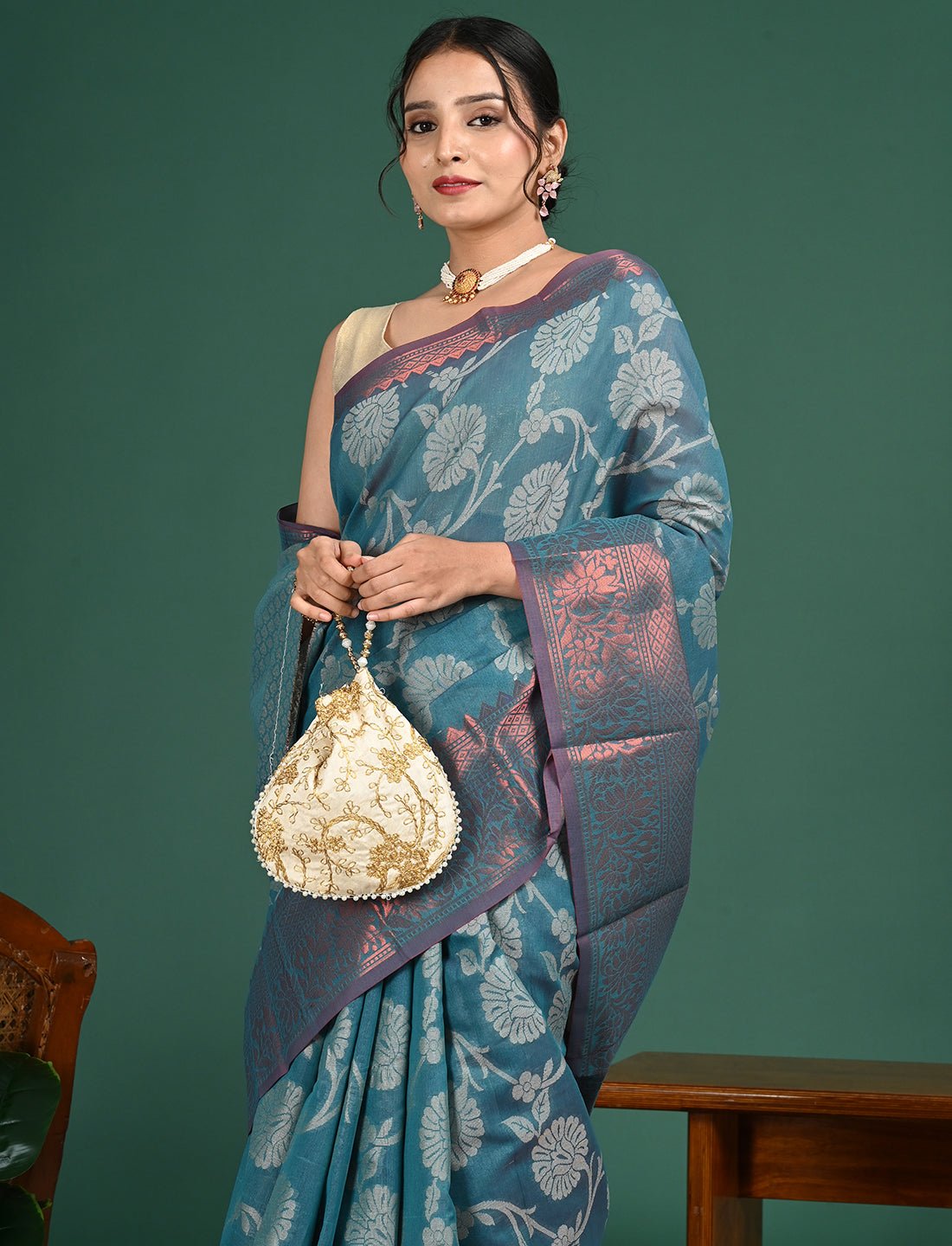 Teal Kota Semi Cotton Saree
