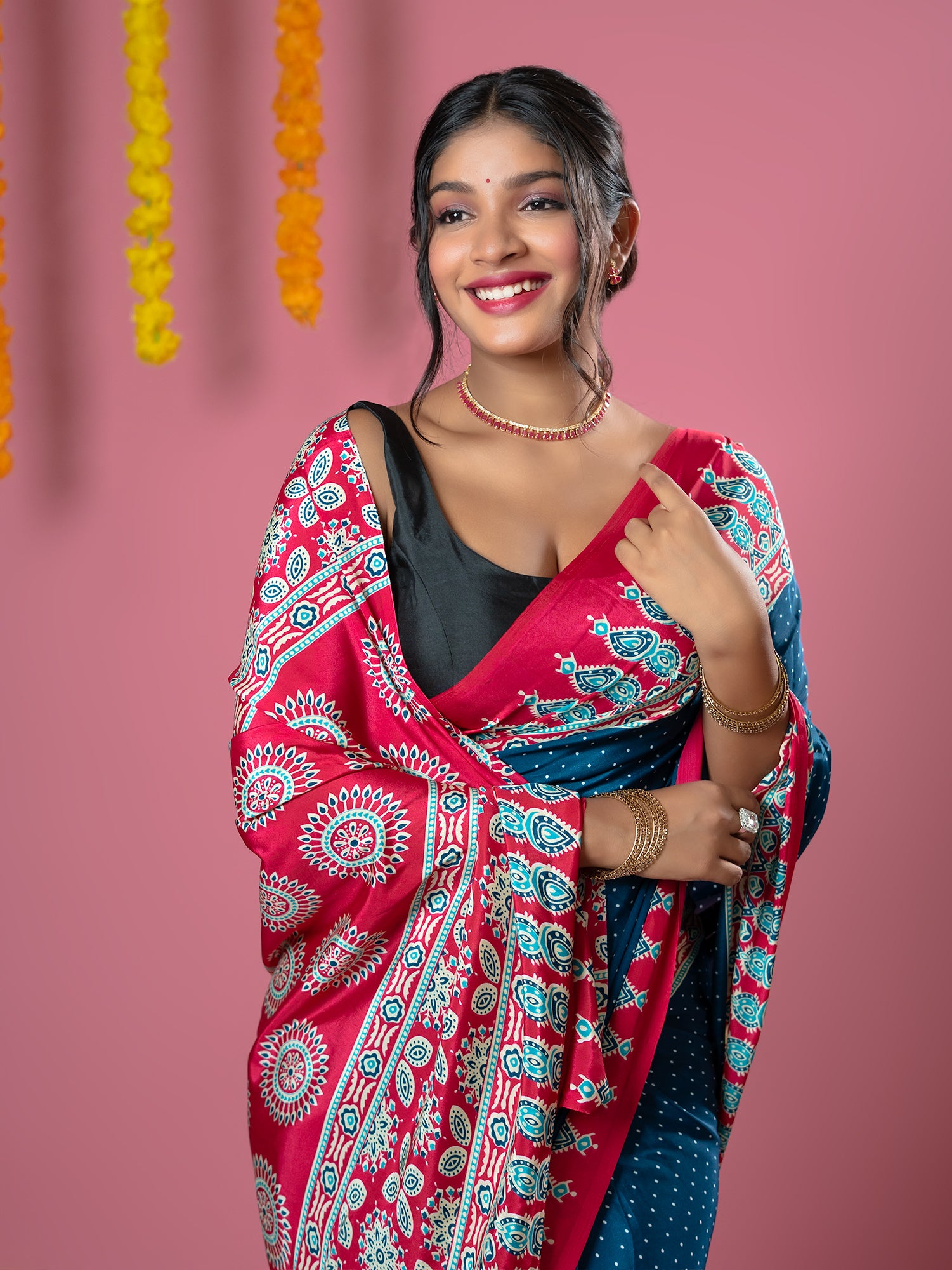 Teal Ajrakh Digital Print Saree