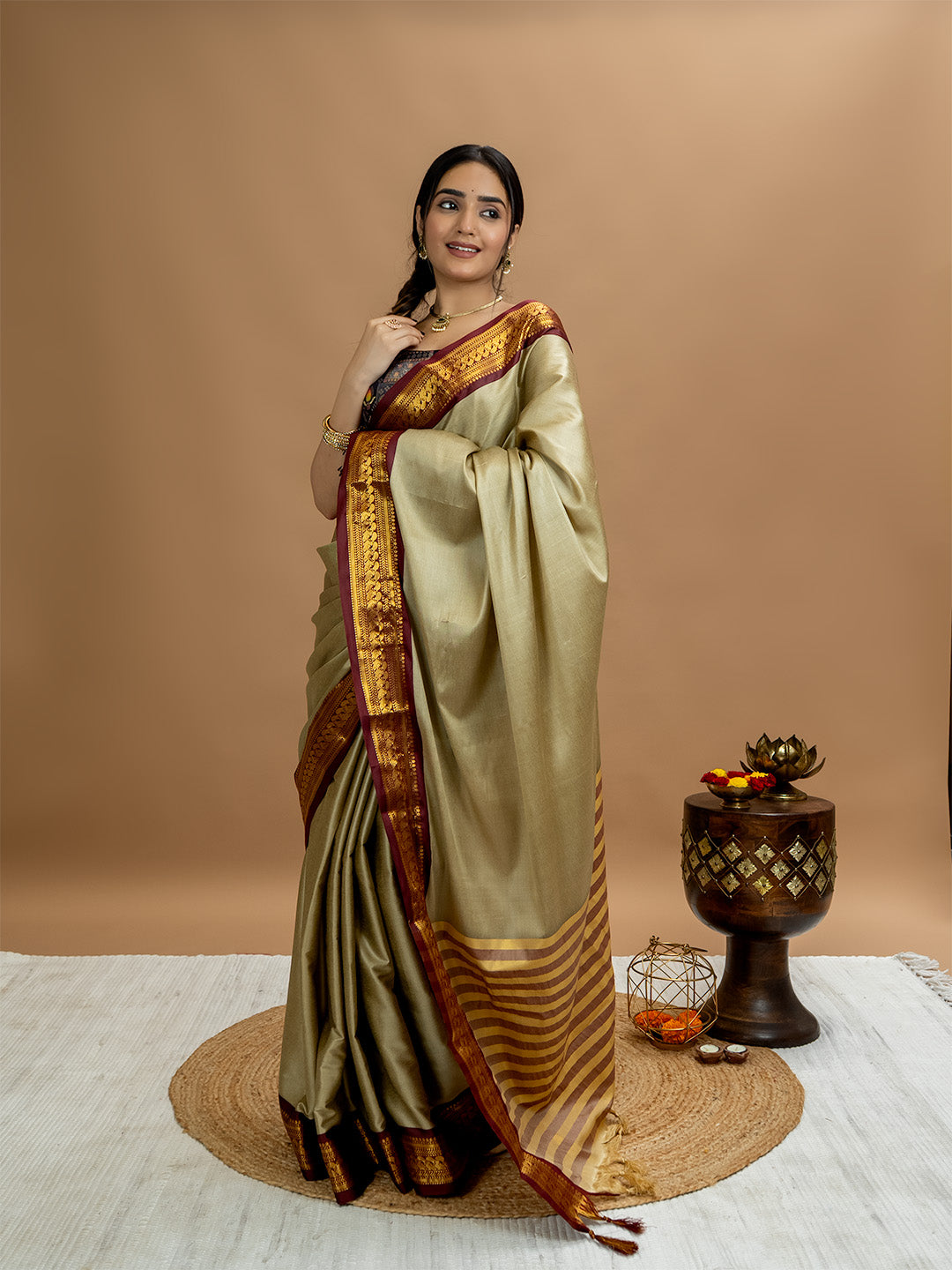 Beige Solid Saree