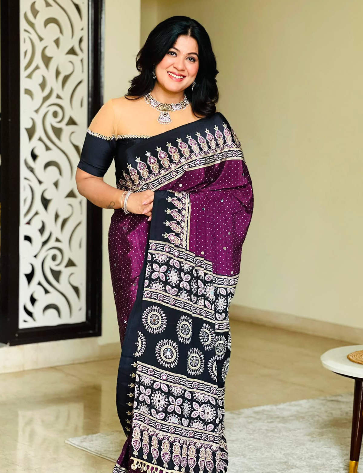 Ajrakh Crepe Silk Mirror Work Saree