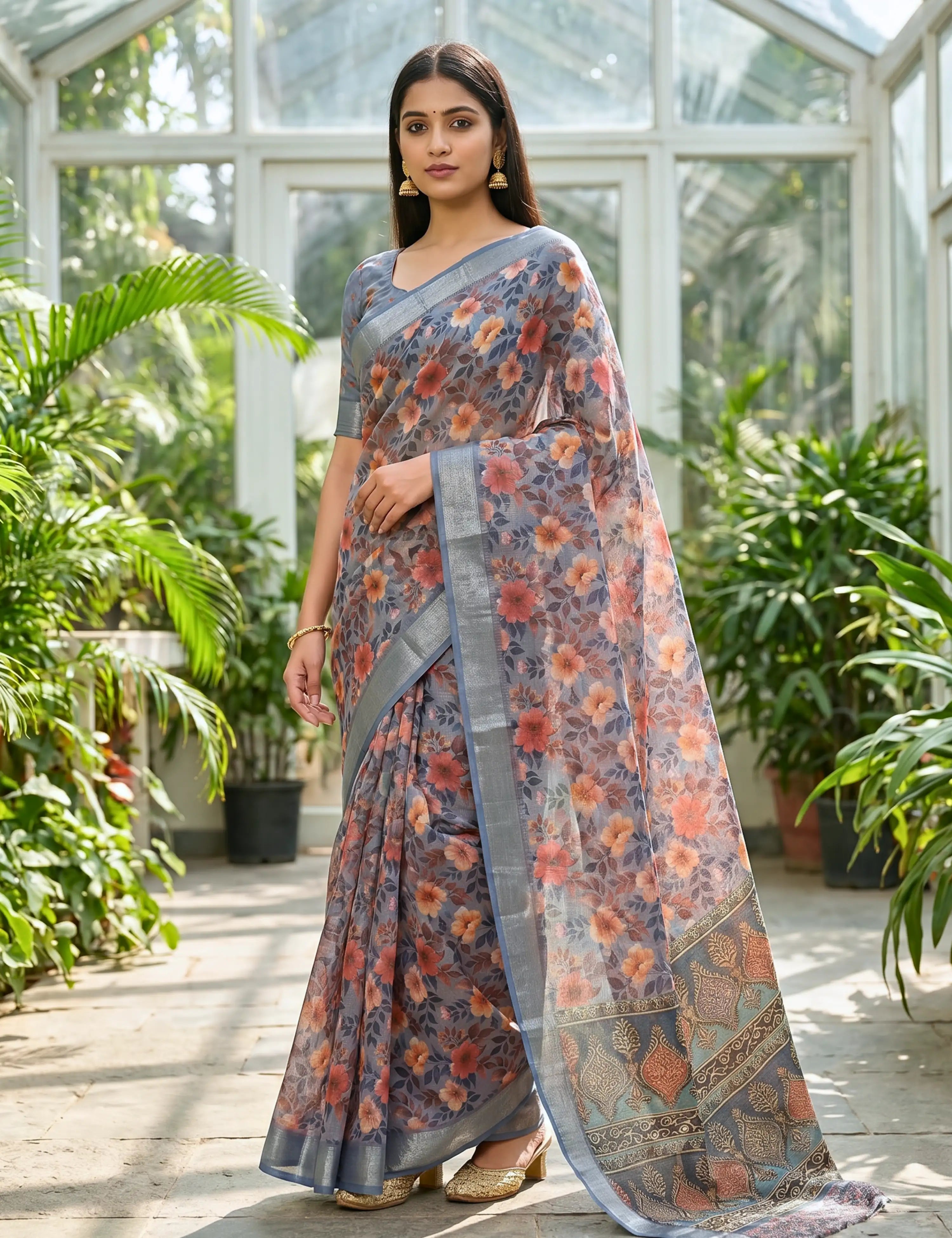 Floral Linen Blend Saree