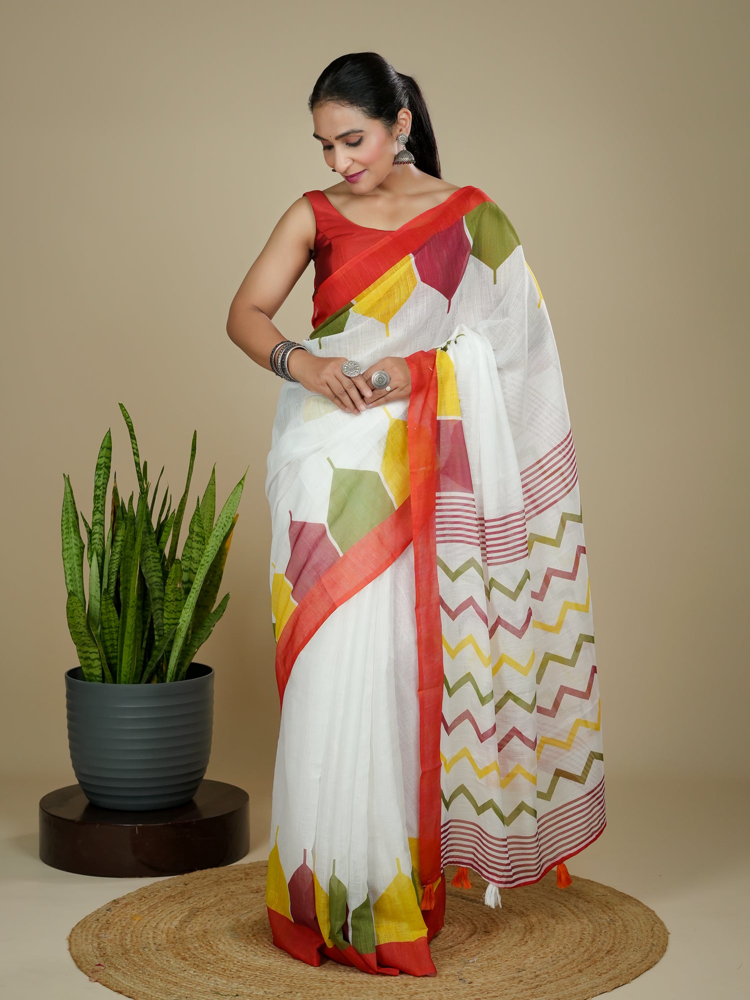 Cotton Linen Block Print Saree