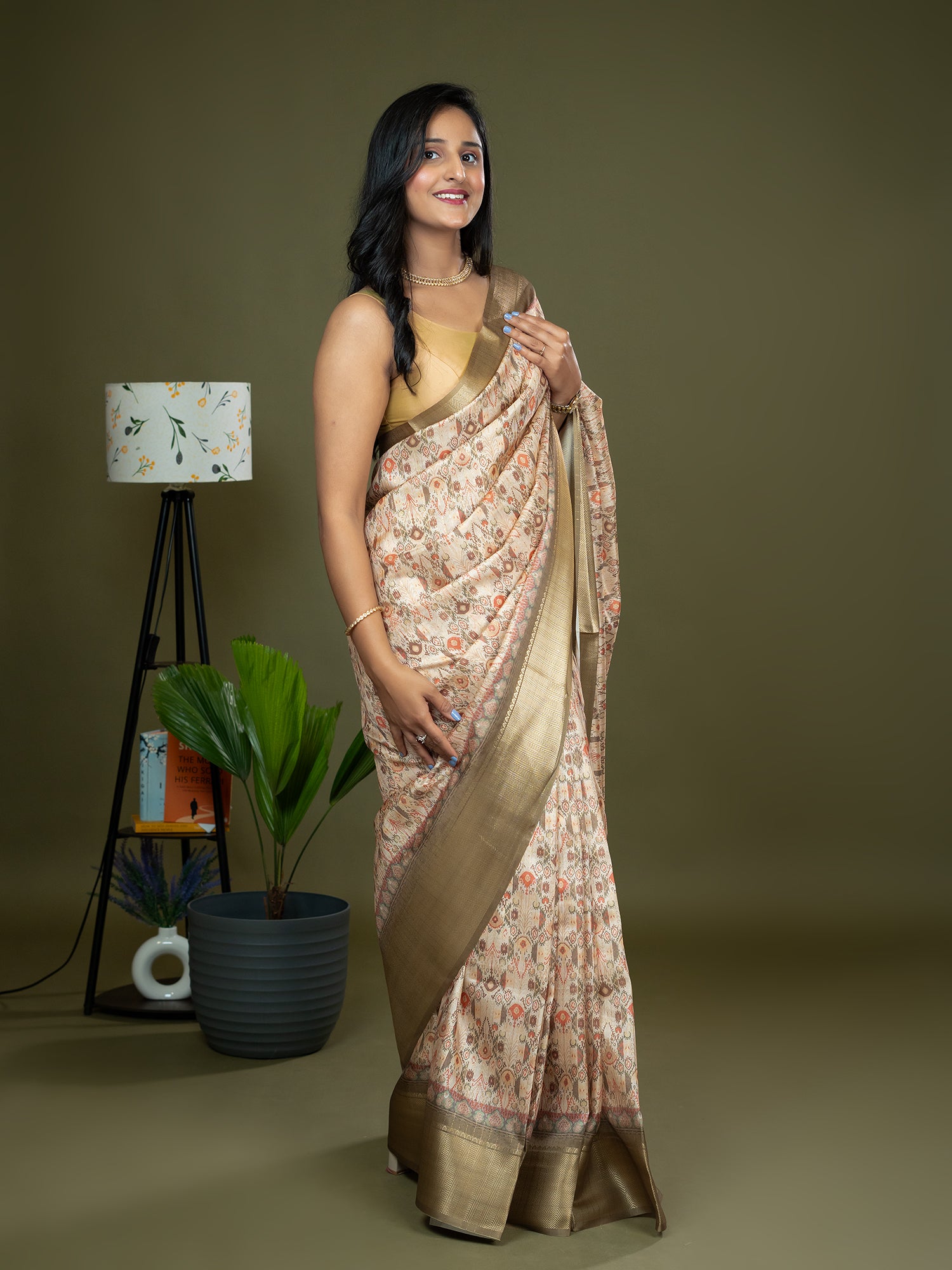Beige Ajrakh Digital Print Saree