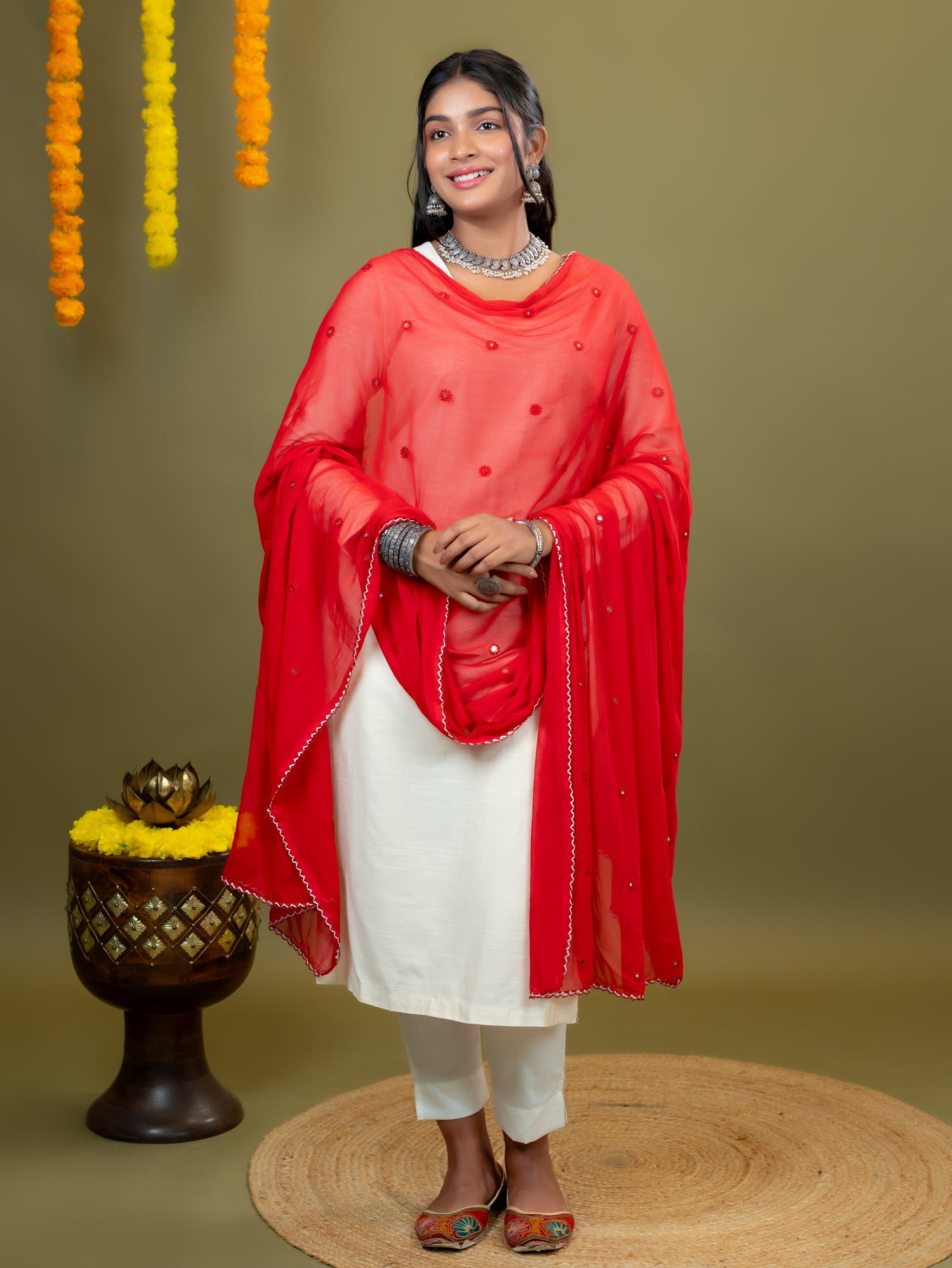 Red Mirror Work Dupatta