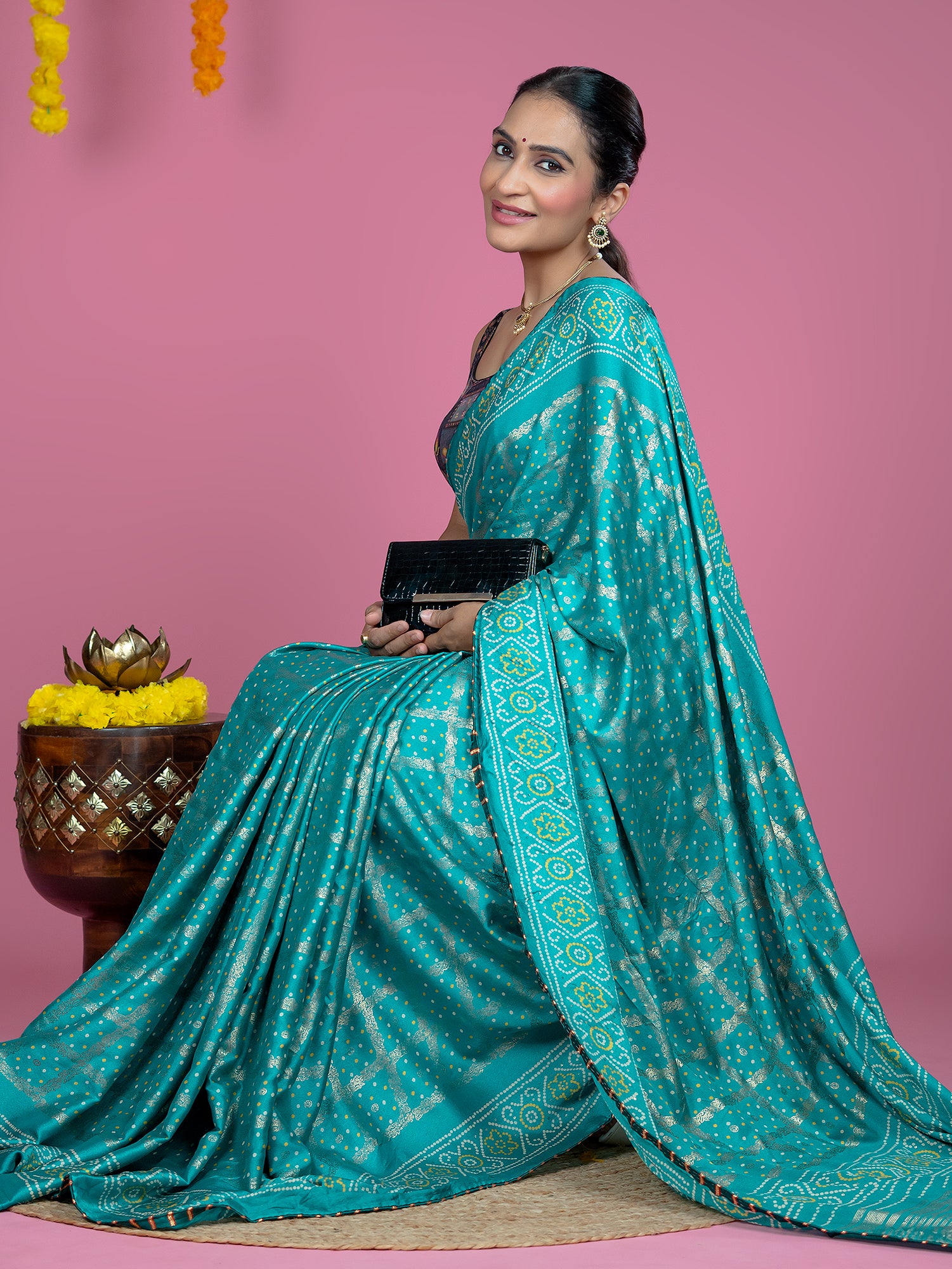 Turquoise Bandhini Saree