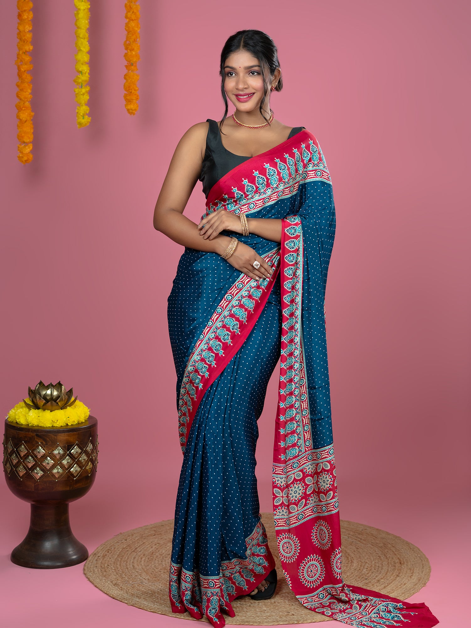 Teal Ajrakh Digital Print Saree