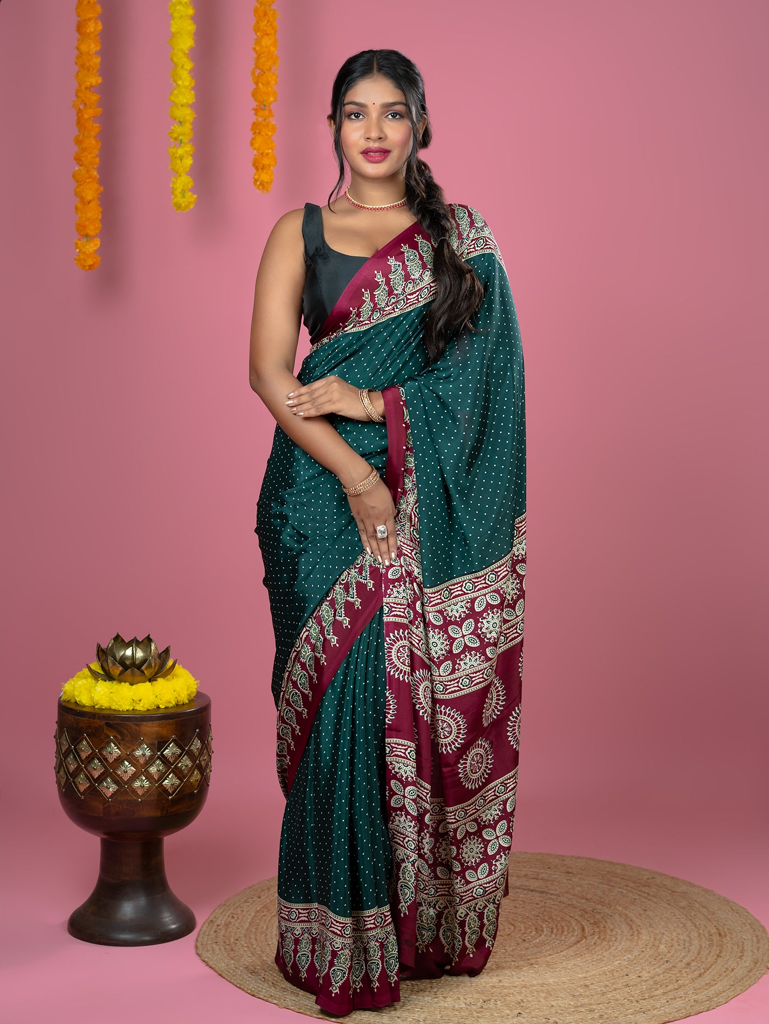 Dark Green Ajrakh Digital Print Saree