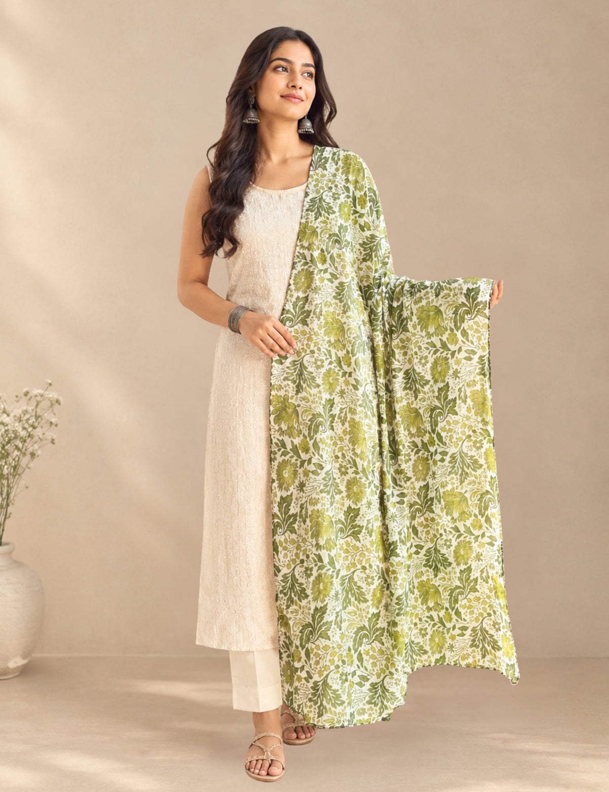 Floral Olive Cotton Dupatta