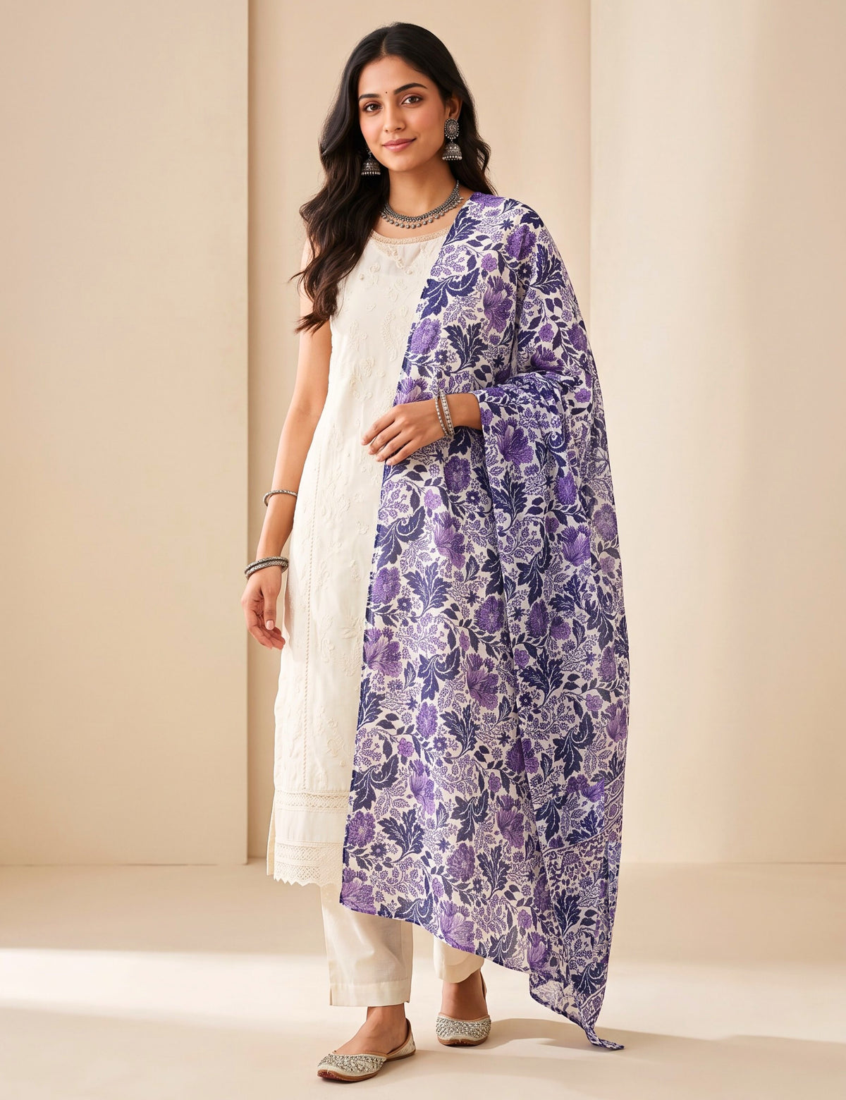 Floral Purple Cotton Dupatta