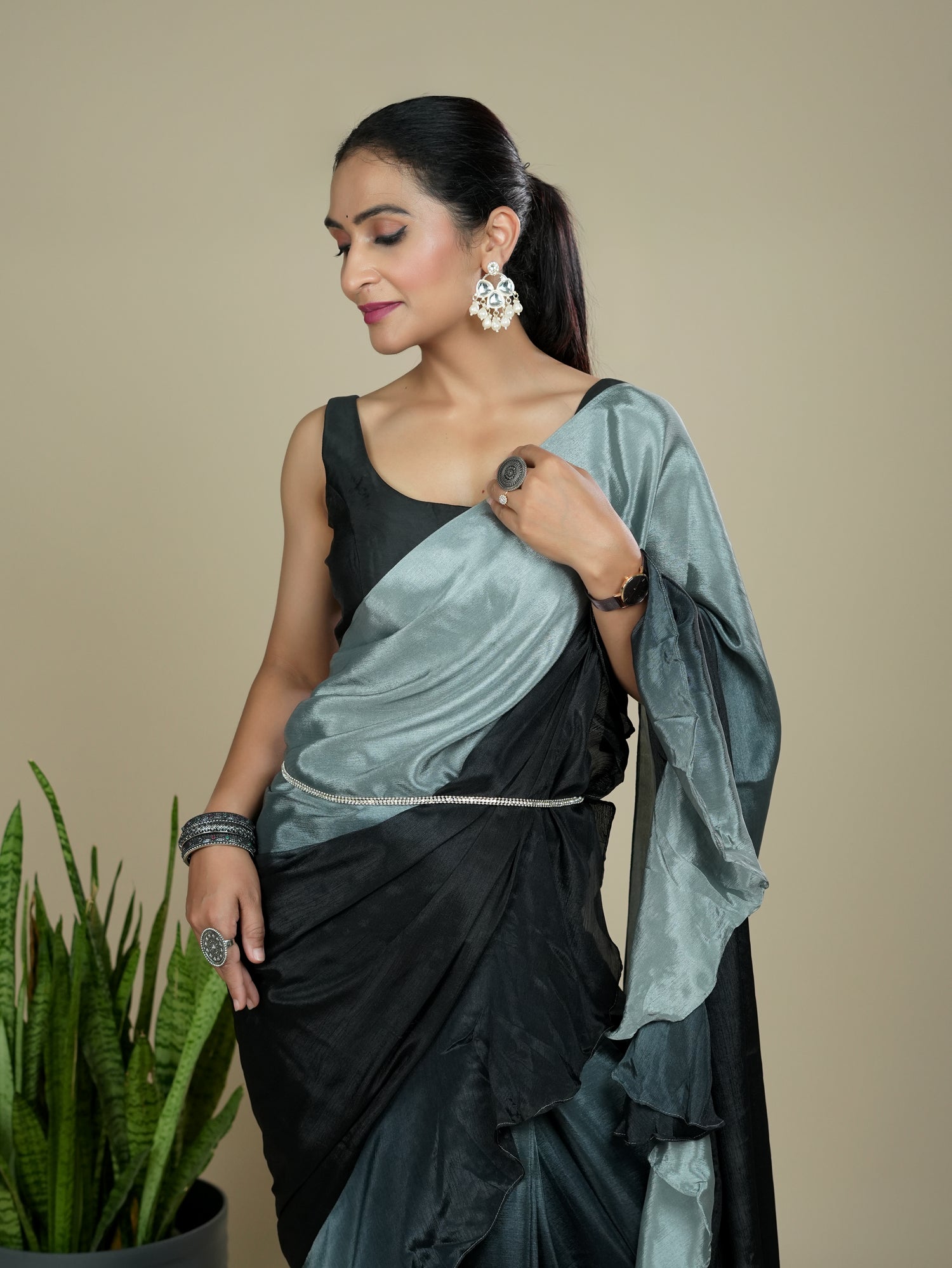Grey Ready to Wear Party Saree
