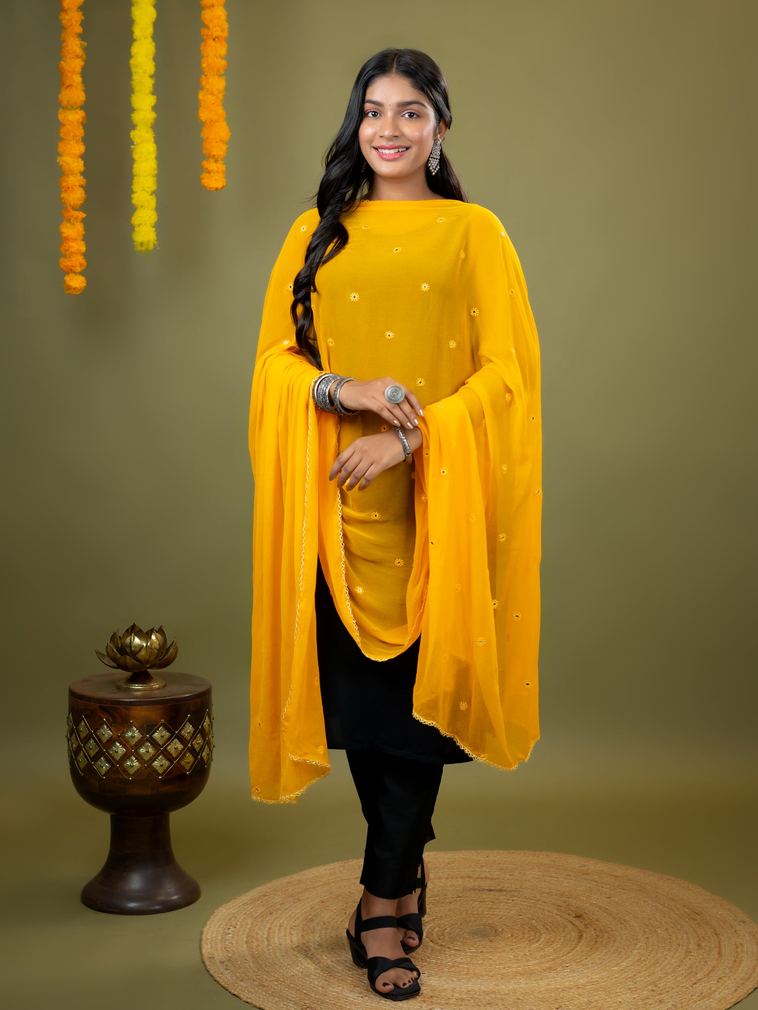 Mustard Mirror Work Dupatta