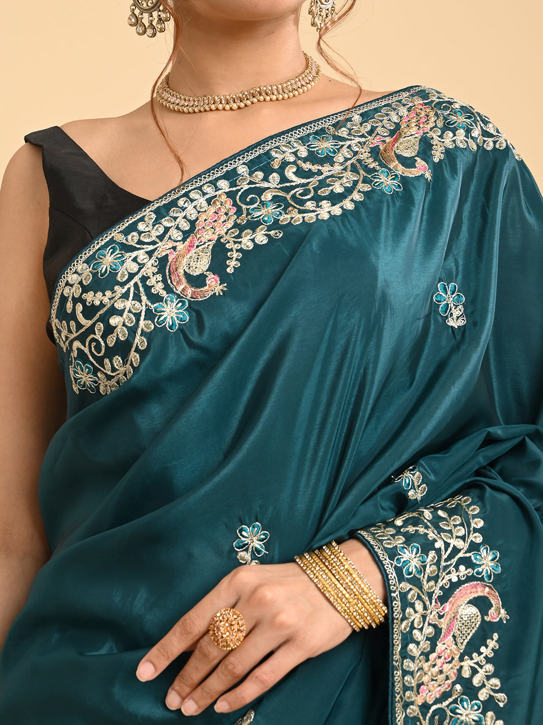 Embroidered Zardozi Crepe Silk Saree