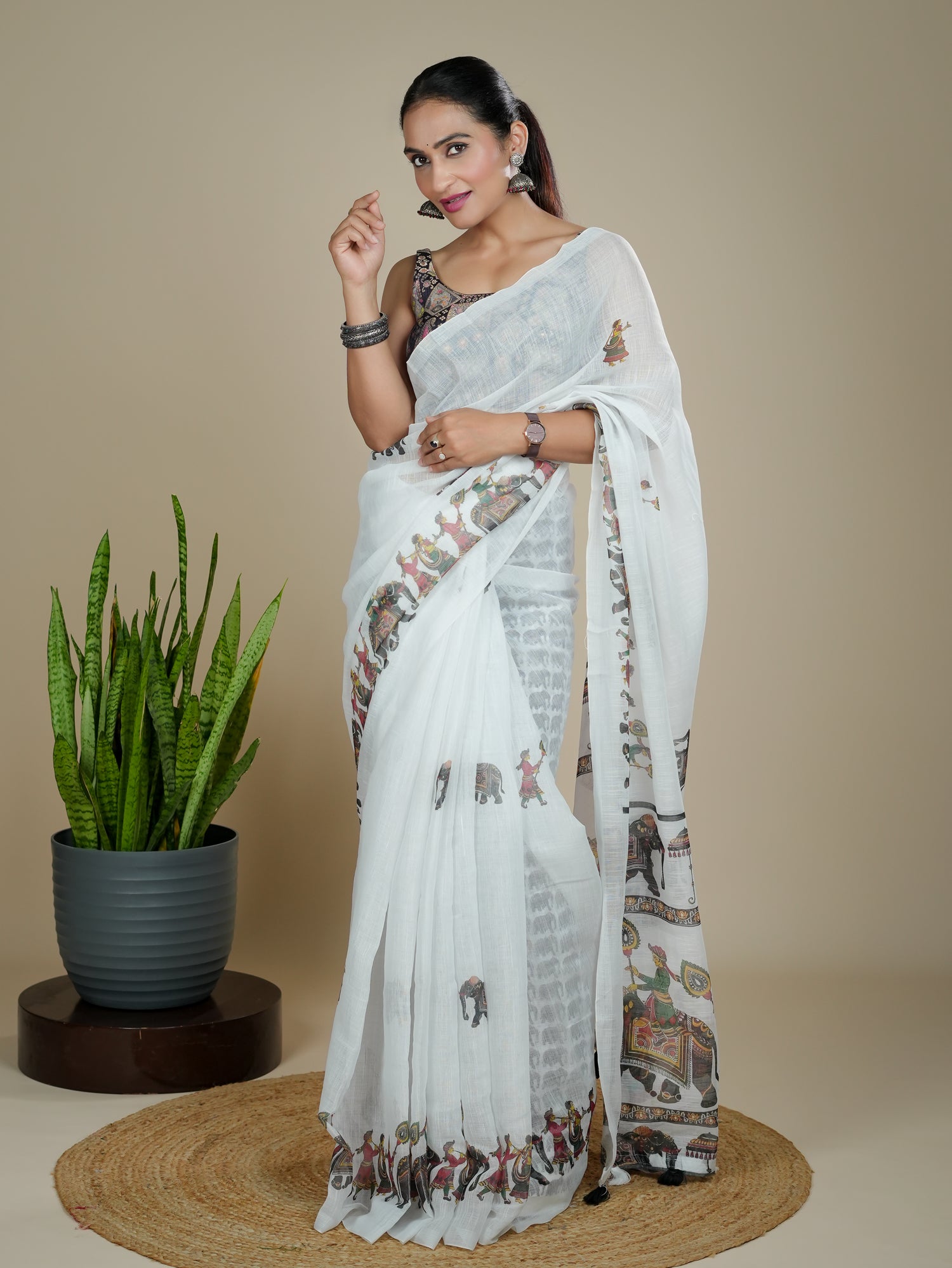 Cotton Linen Block Print Saree