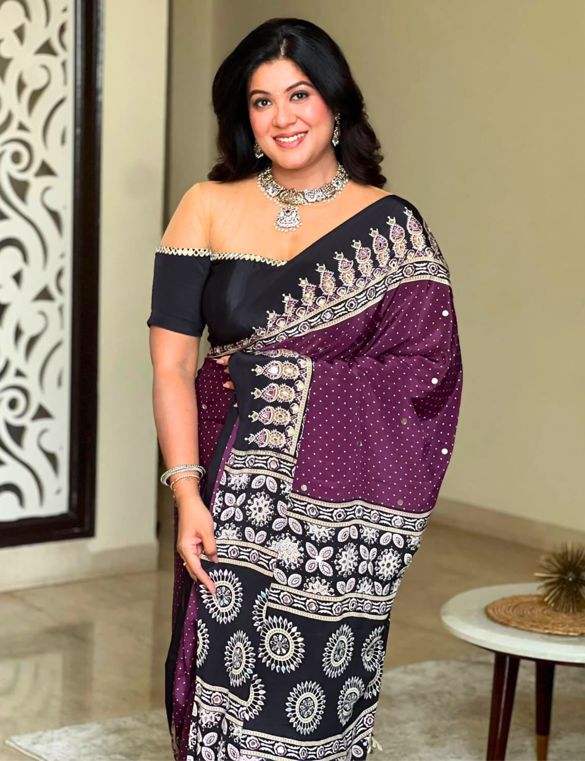 Ajrakh Crepe Silk Mirror Work Saree