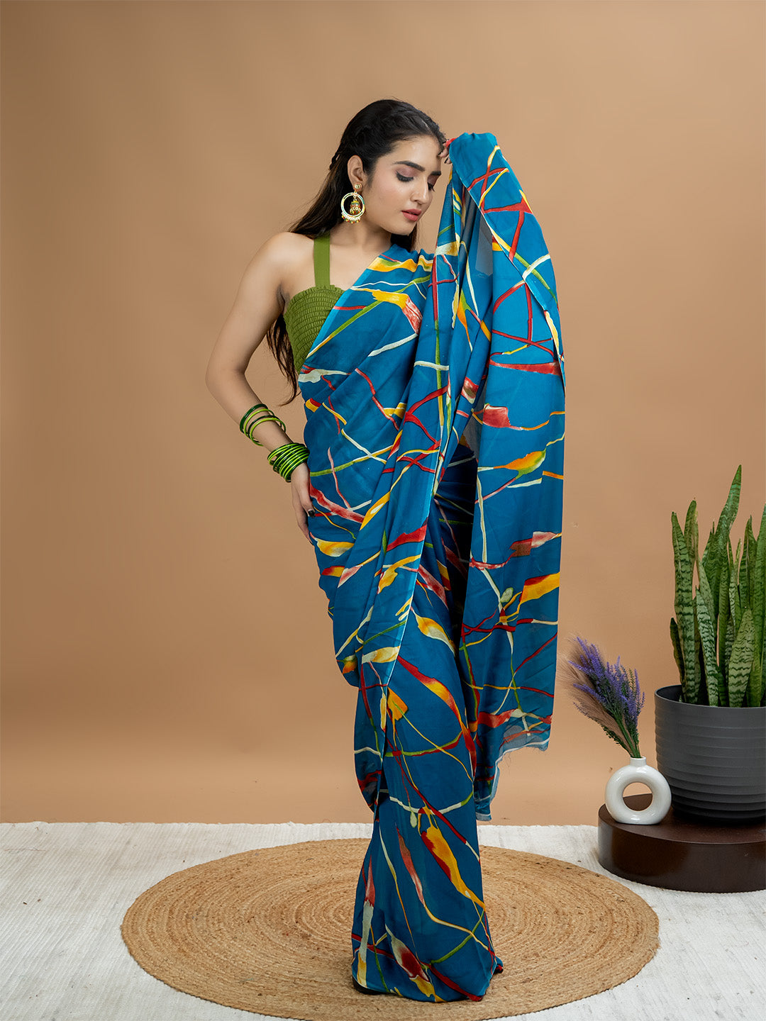 Teal Powder Crepe Saree