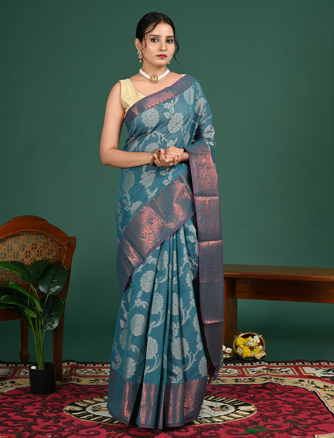 Teal Kota Semi Cotton Saree
