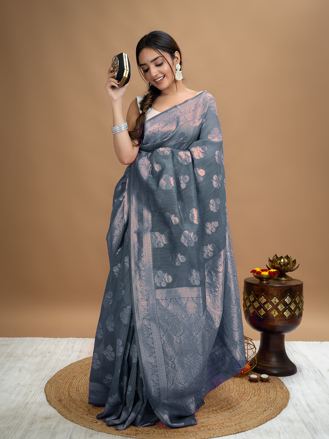 Floral Cotton Linen Saree