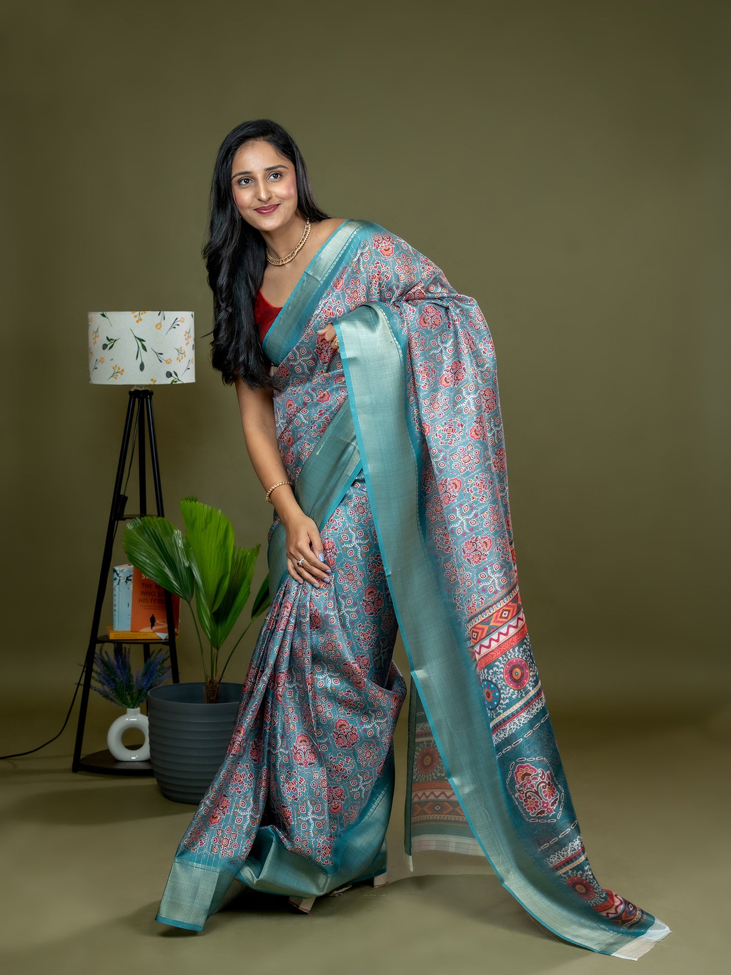 Seagreen Ajrakh Digital Print Saree