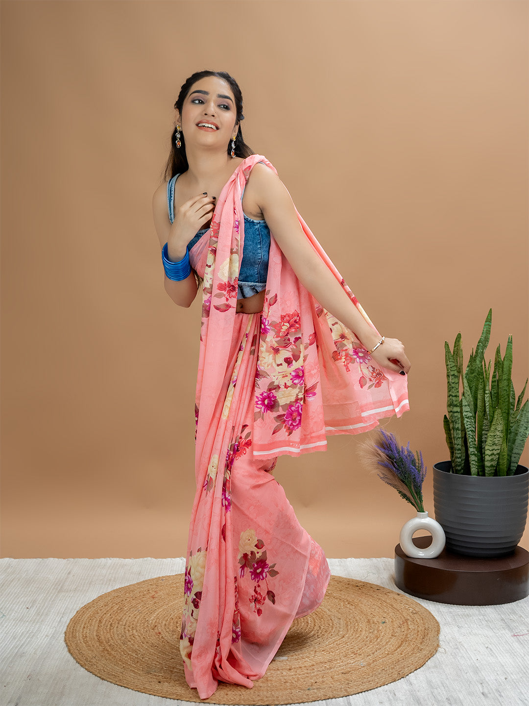 Floral Powder Crepe Saree