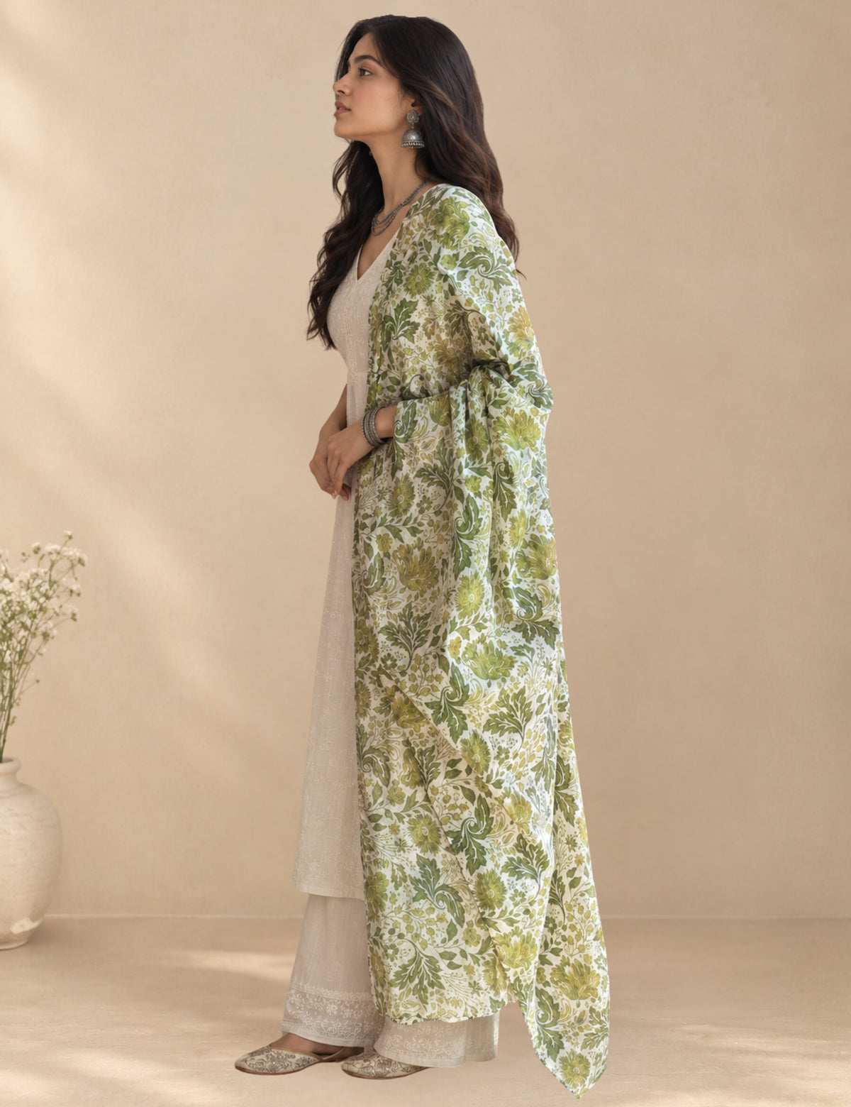 Floral Olive Cotton Dupatta