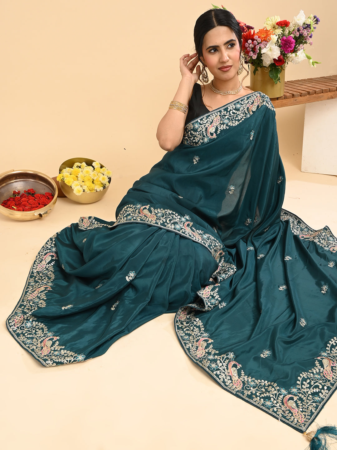 Embroidered Zardozi Crepe Silk Saree