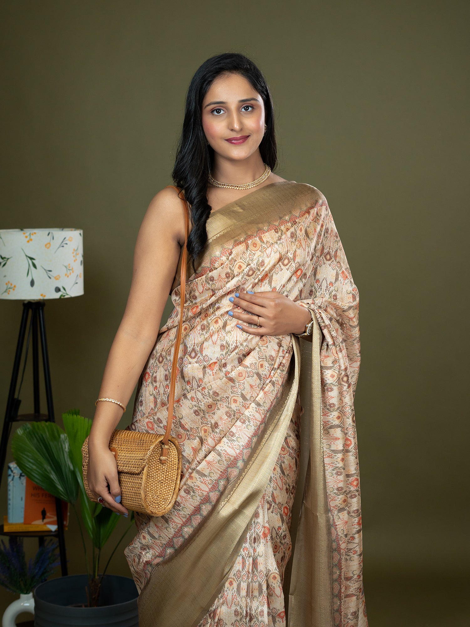 Beige Ajrakh Digital Print Saree