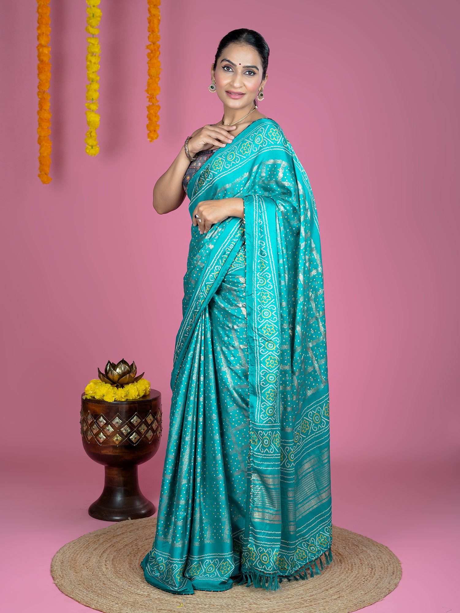 Turquoise Bandhini Saree