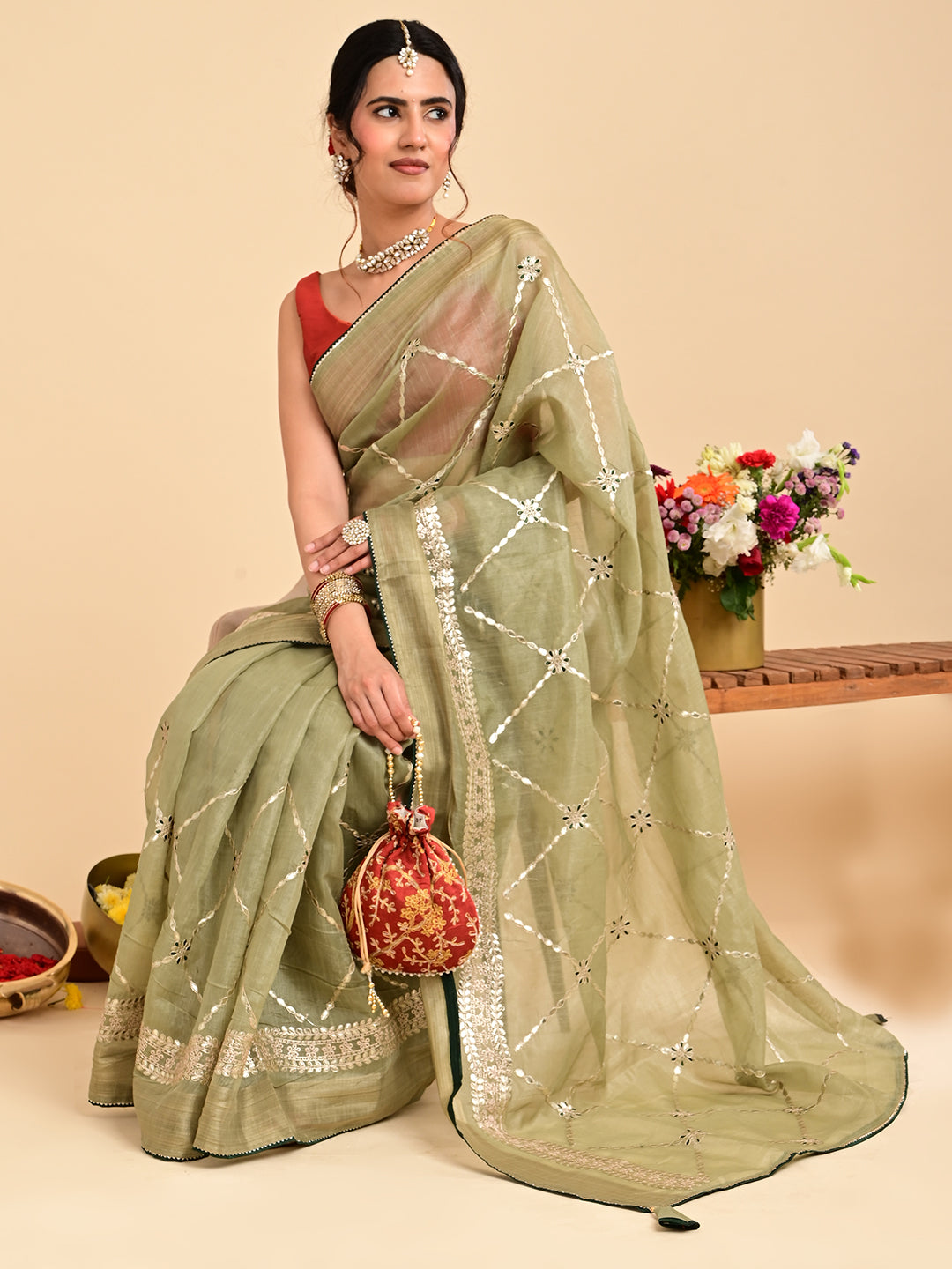Embroidered Gota Patti Chanderi Saree