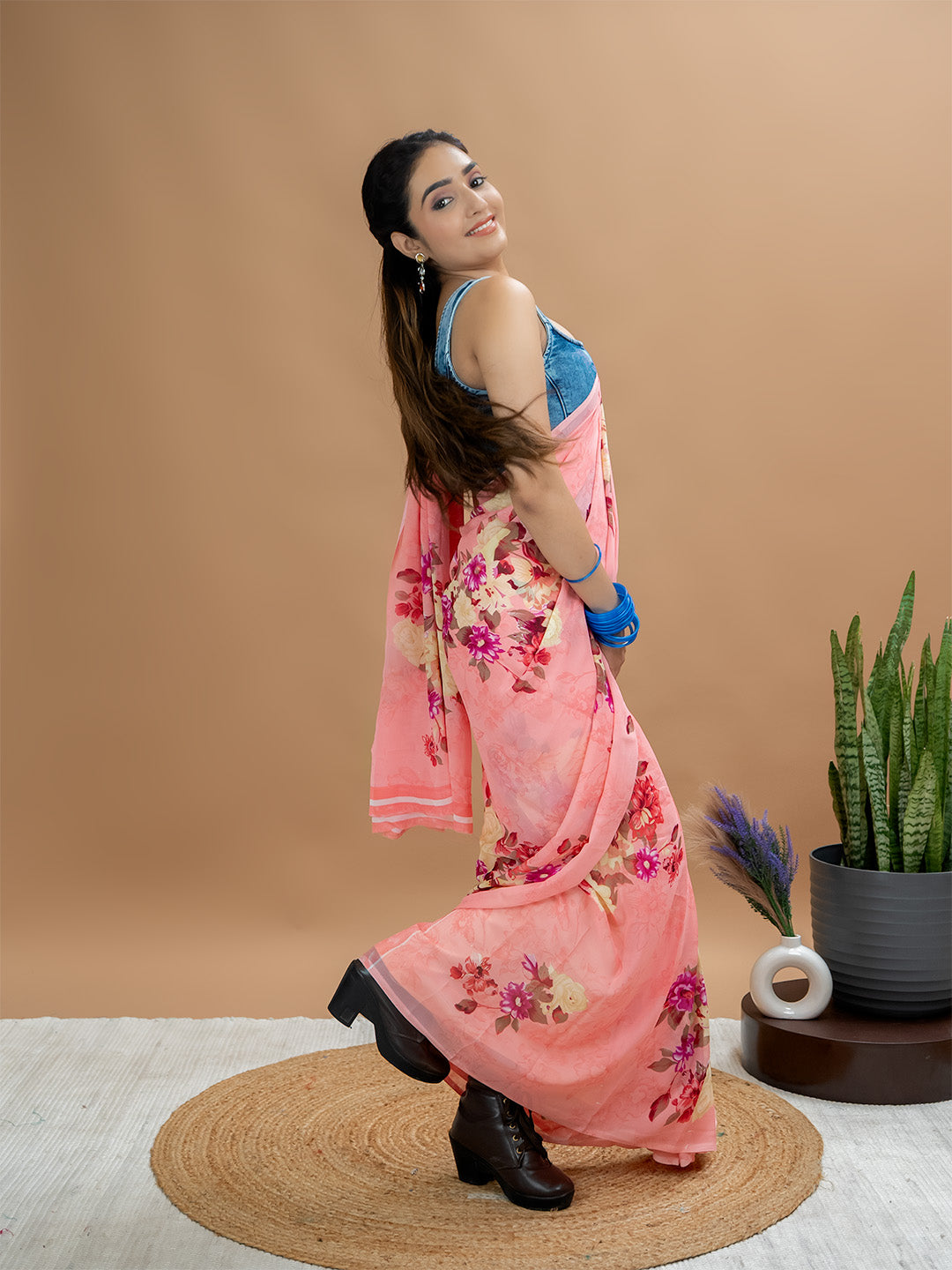 Floral Powder Crepe Saree