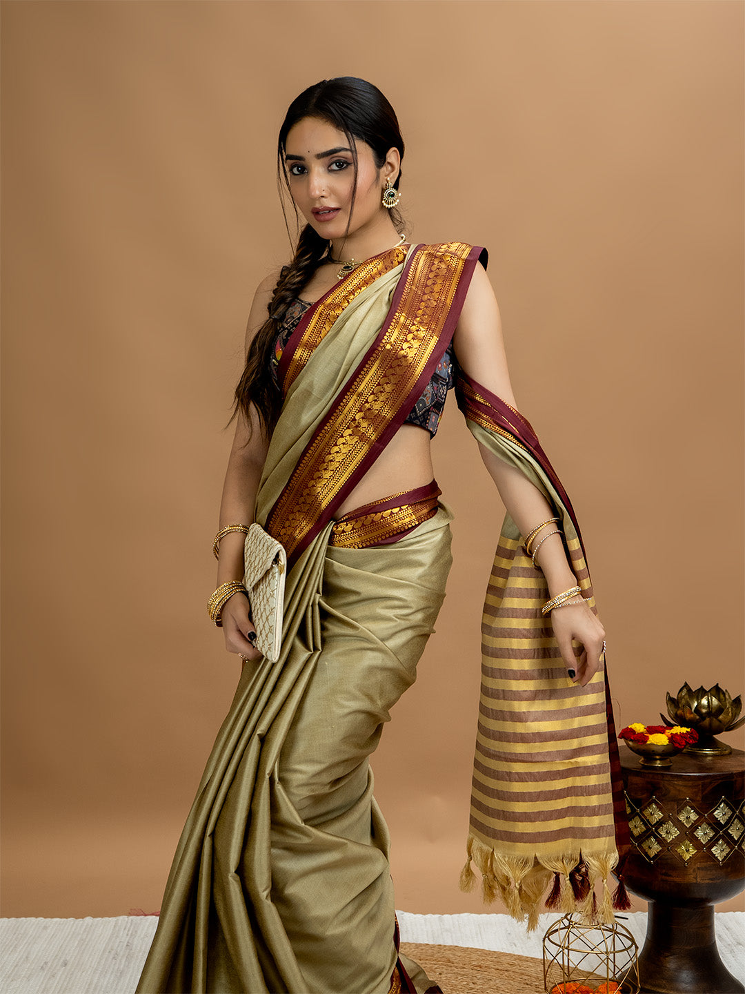 Beige Solid Saree