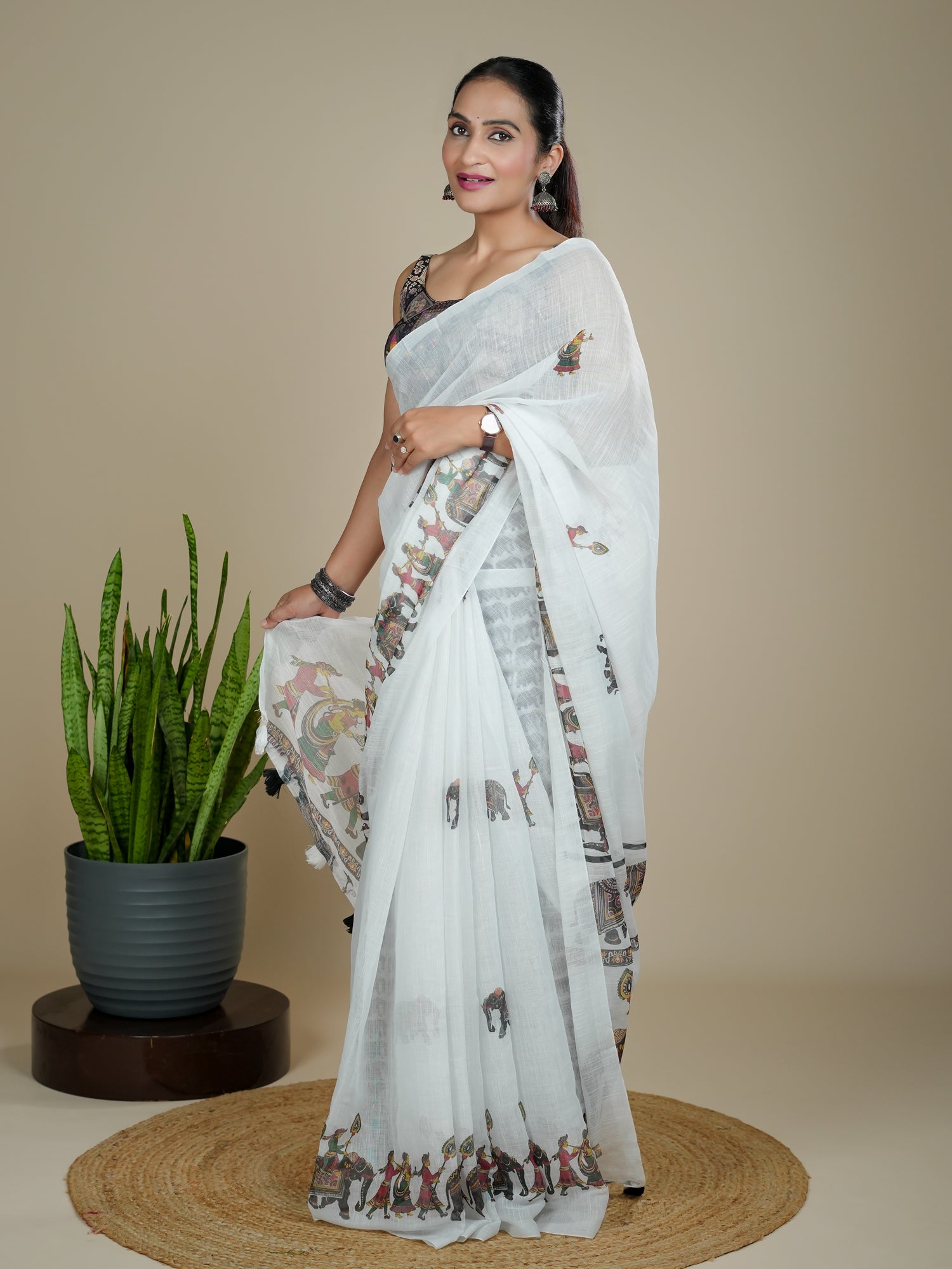 Cotton Linen Block Print Saree