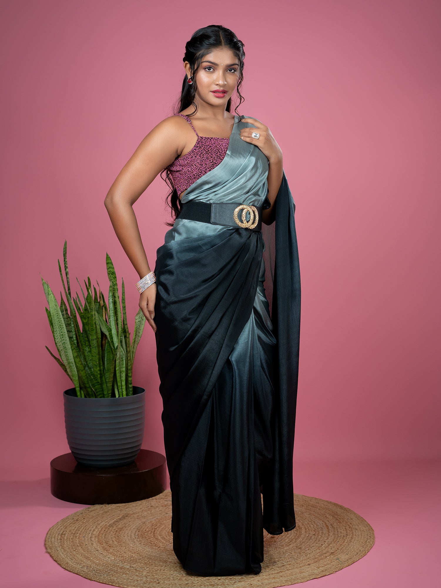 Grey Ready to Wear Party Saree